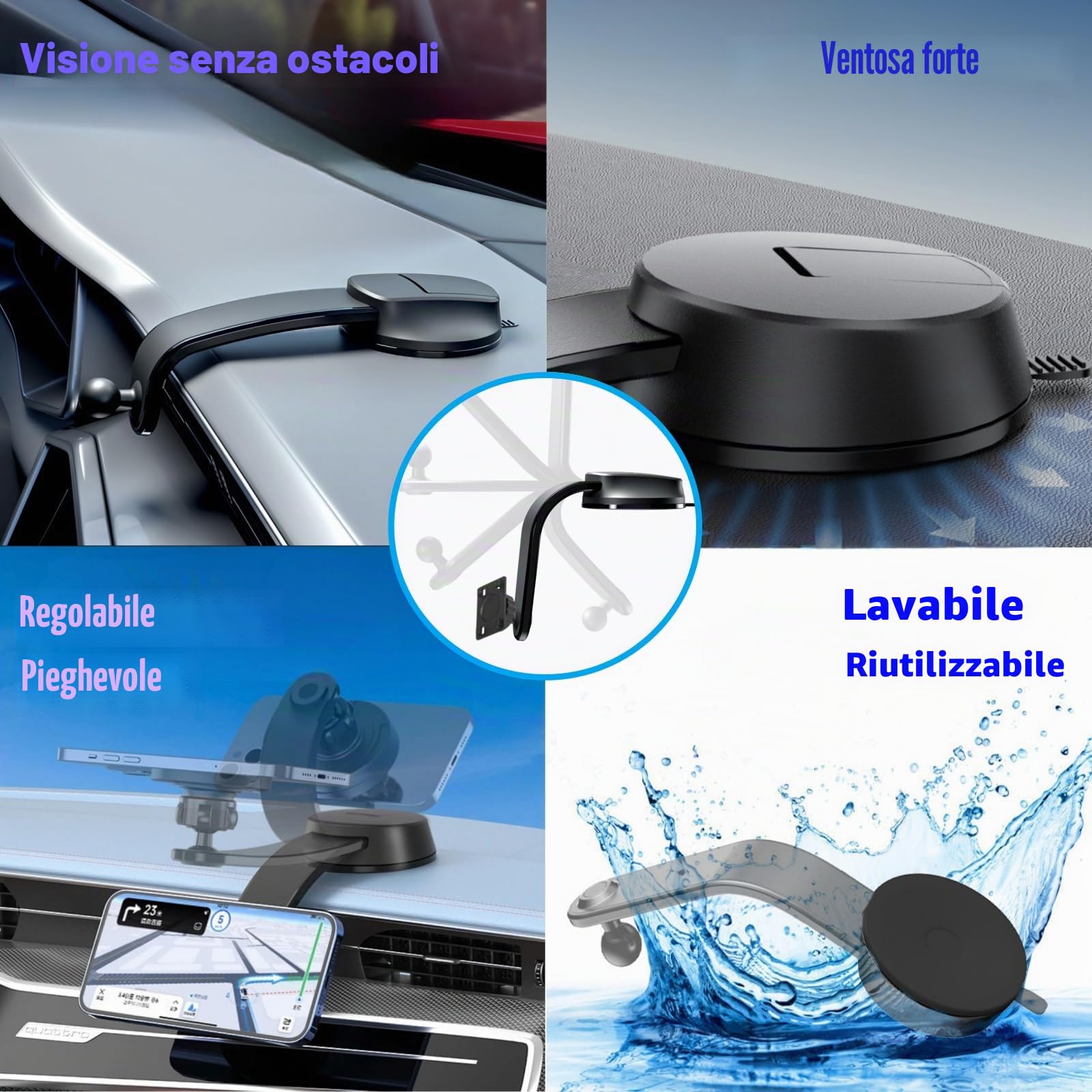Supporto a Ventosa per schermo Carplay, Braccio Regolabile in lega di Alluminio, Supporto a Basso Profilo per Cruscotto con 78mm Disco Adesivo Resistente per Display Auto