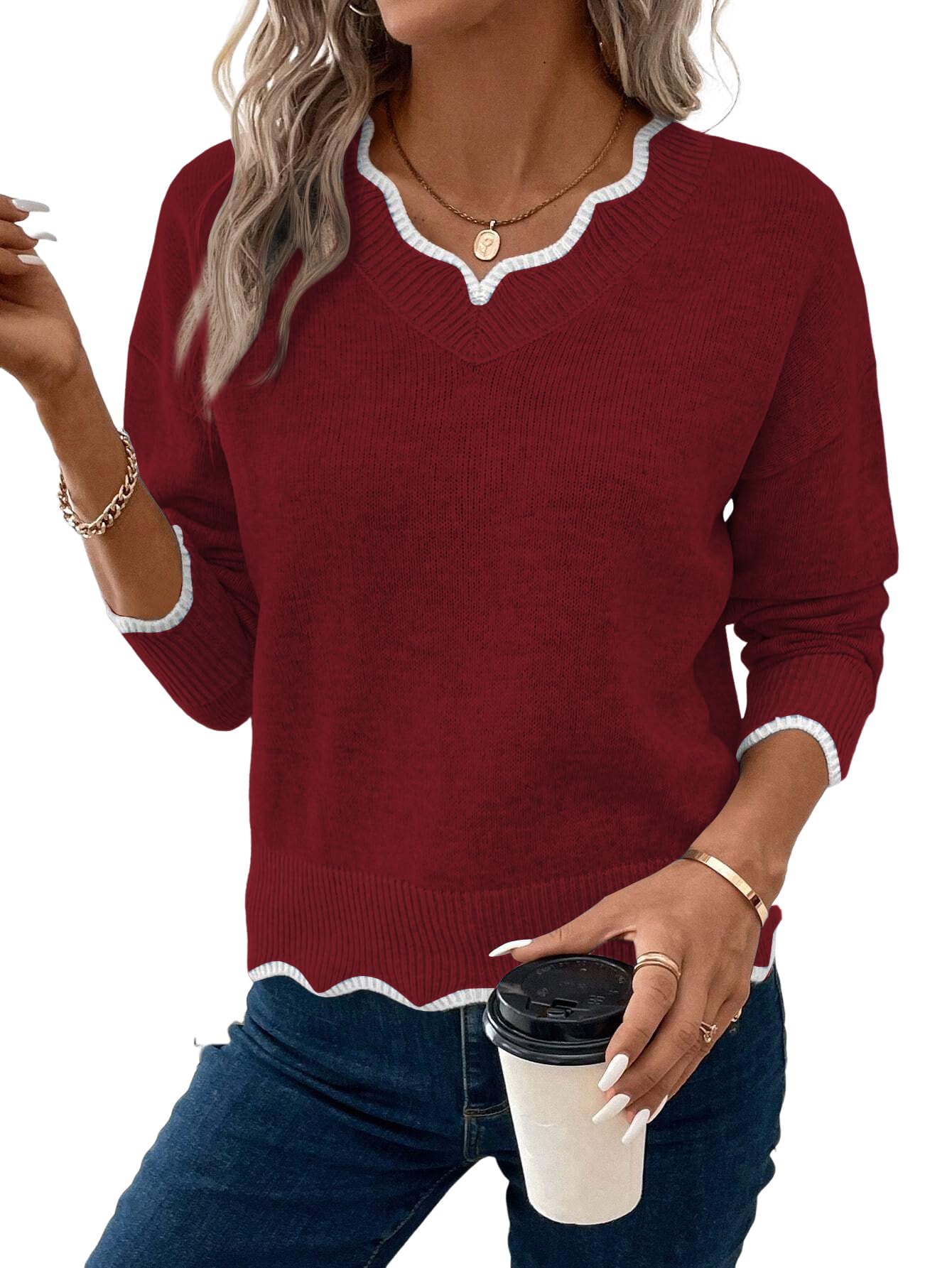 Womens V Neck Pullover Sweaters Long Sleeve Scallop Trim Knit Tops Loosed Fit 2025 Fall Outfits