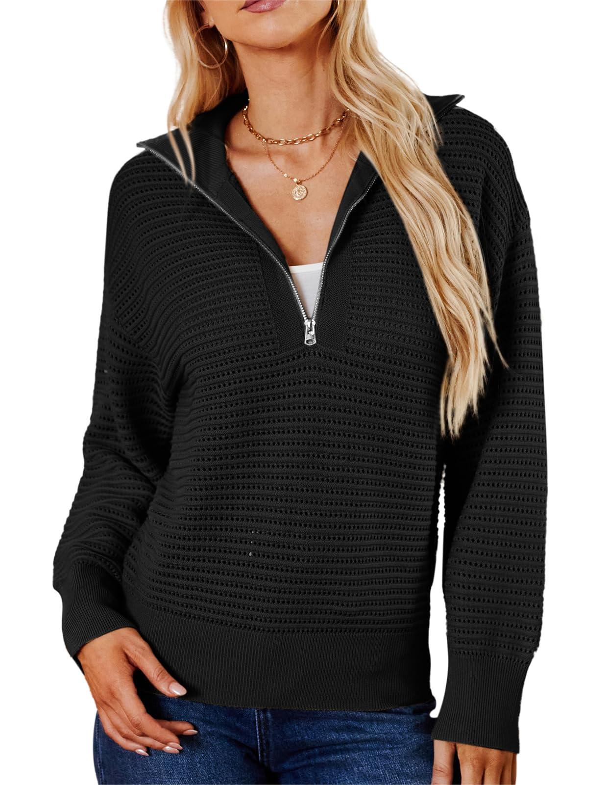 GRACE KARINWomen's Sweater 1/2 Zip Pullover Waffle Knit Openwork Jumper Lapel Open Weave Top