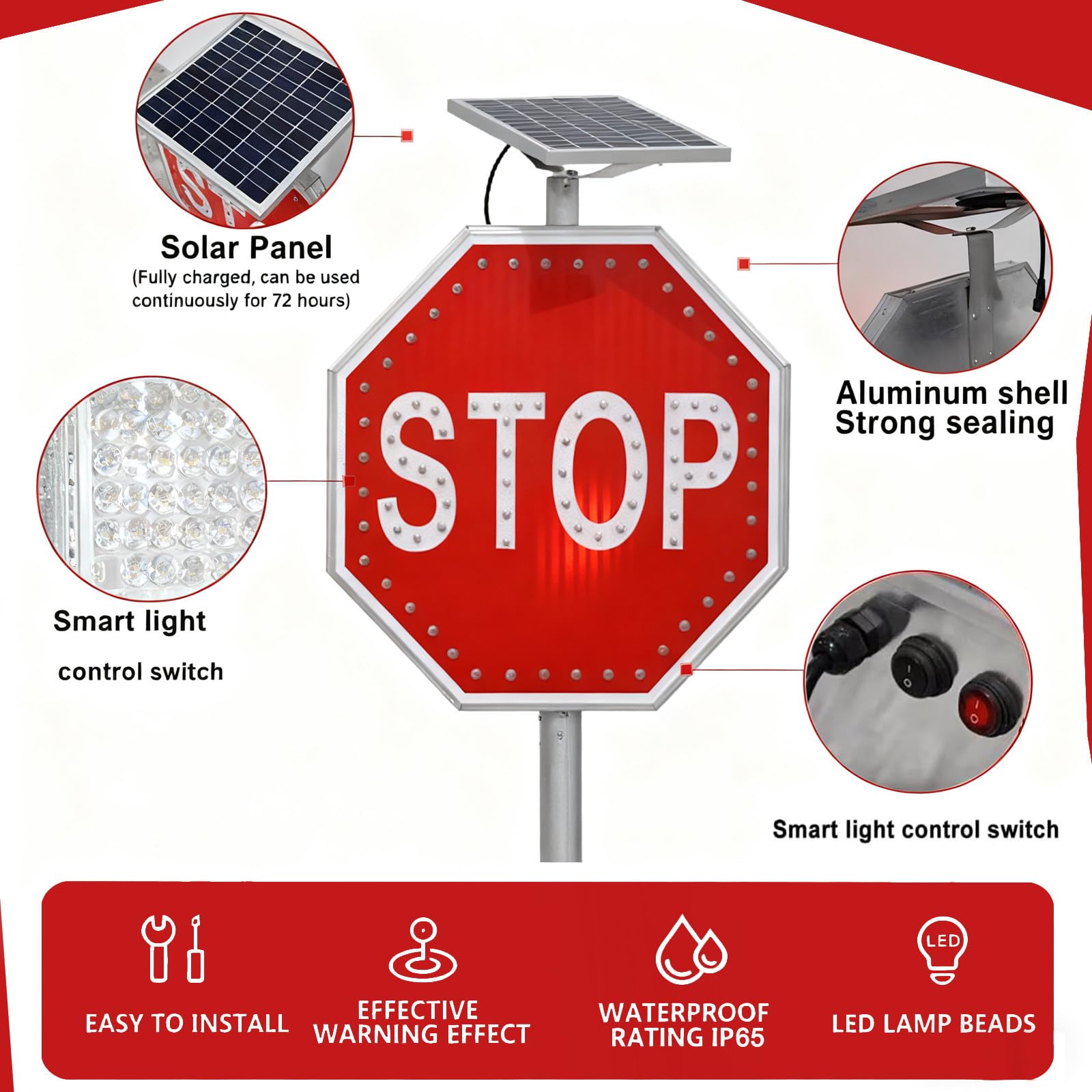 Znak Drogowy 24"/30" - Migający Znak Stop Led Zasilany Energią Słoneczną, Ośmiokątne Znaki Drogowe z Aluminium, Migające Światło LED, Odporne na Warunki Atmosferyczne Flashing-24"
