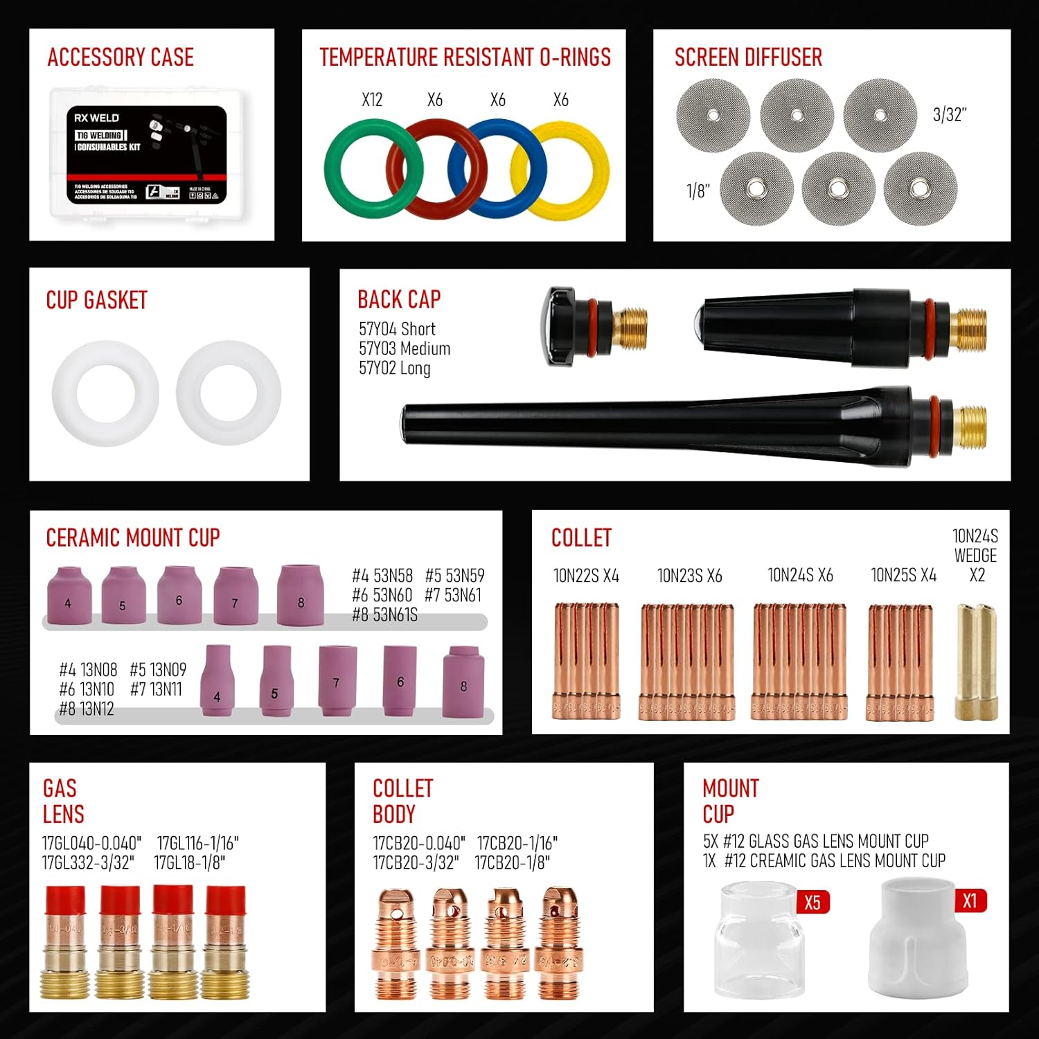 RX WELD 87PCS TIG Welding Accessories Torch Kit Stubby Gas Lens #10#12 lass Cup For WP-17/18/26