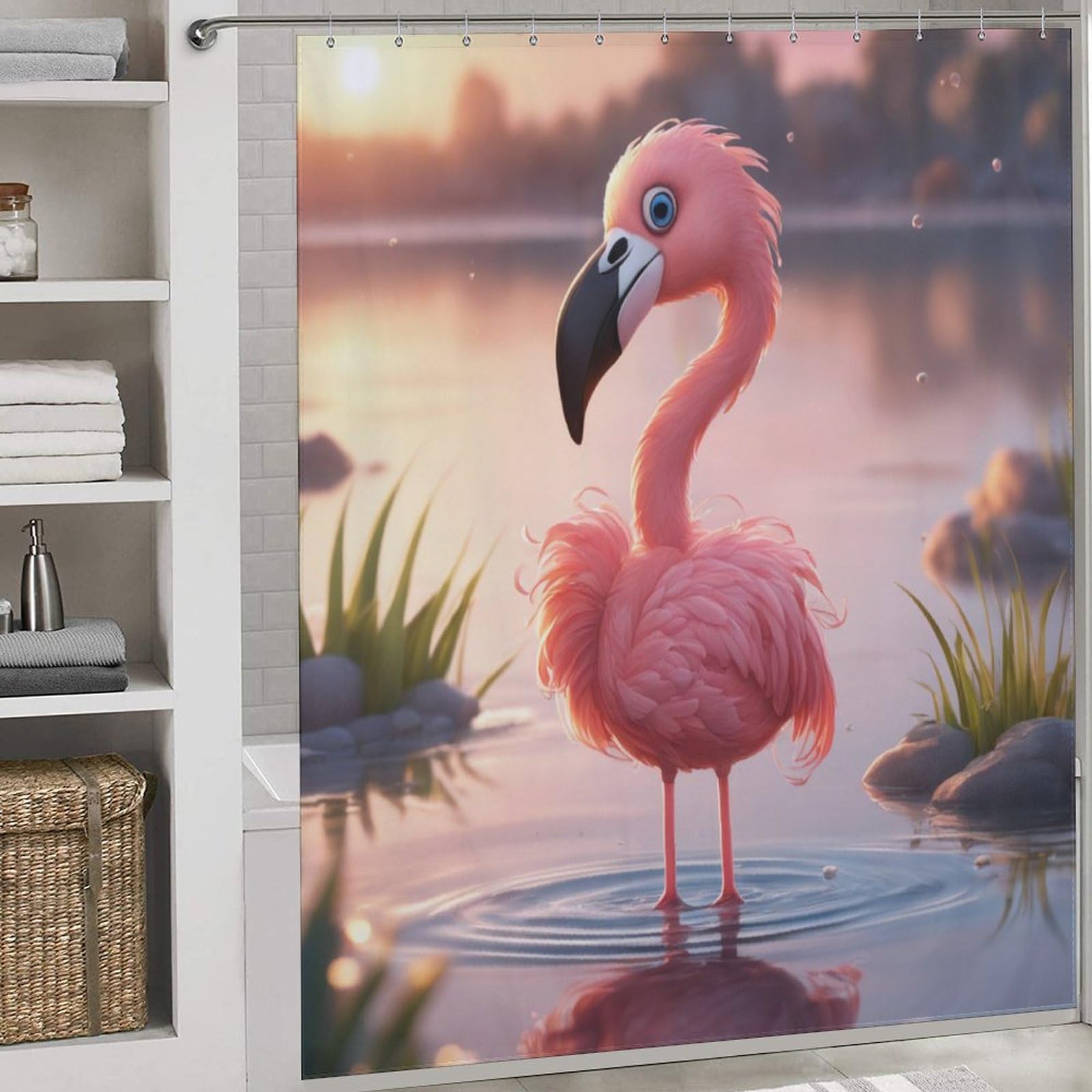 Rideau de bain flamant rose pour une ambiance tropicale et moderne