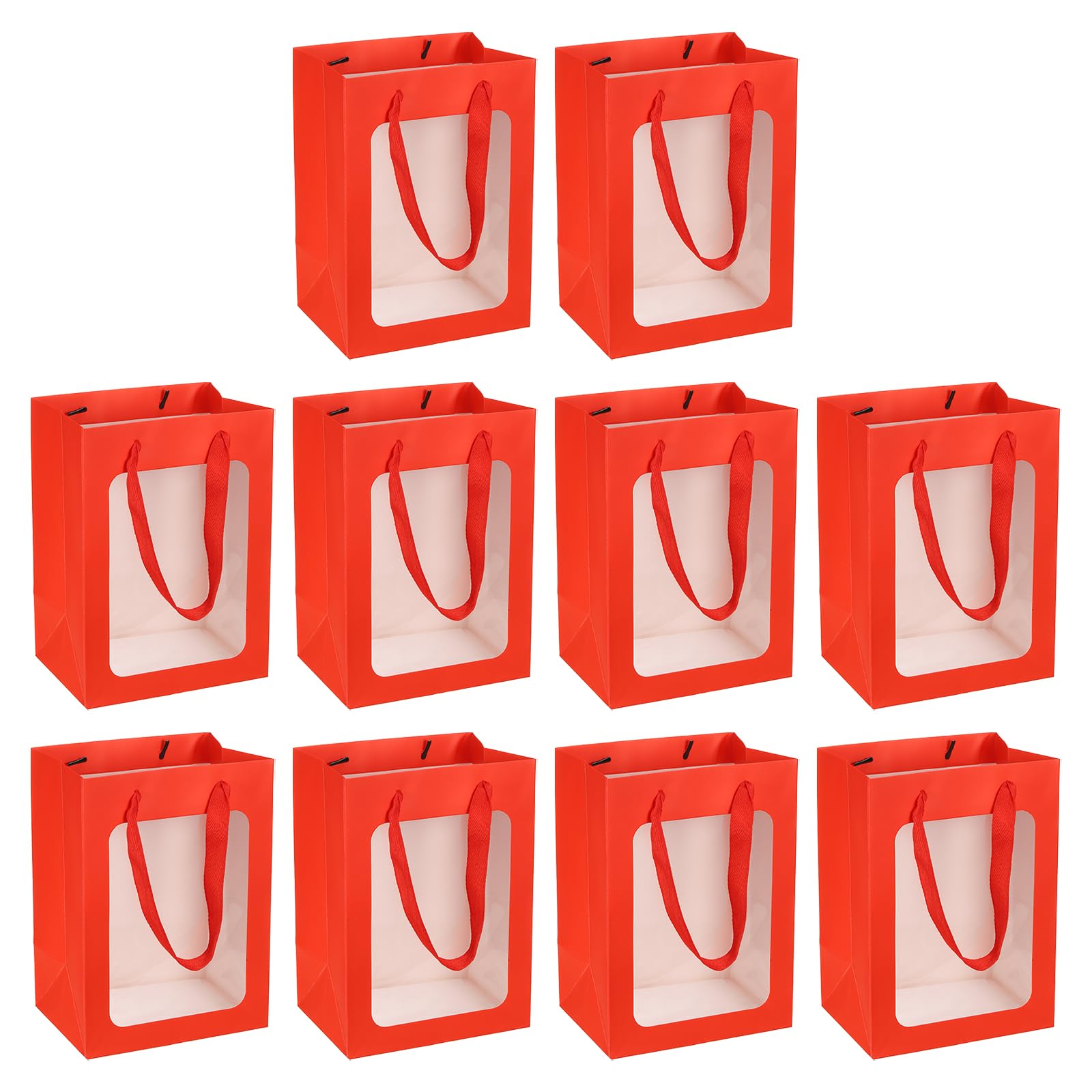 PATIKIL 7.1"x5.1"x9.8" Gift Bags with Transparent Window, 10 Pack Paper Gift Tote Bags with Handles for Bridal Shower Festivals Party, Red