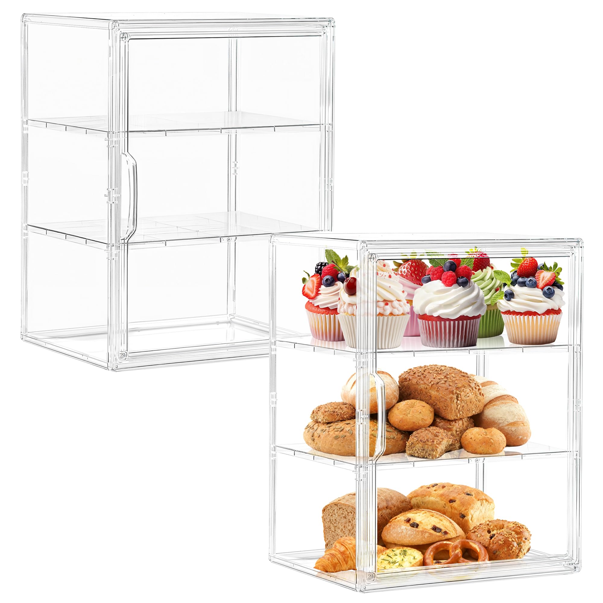 Bread Box for Kitchen Countertop, 3 Layers Pastry Display Case, 2 Pack