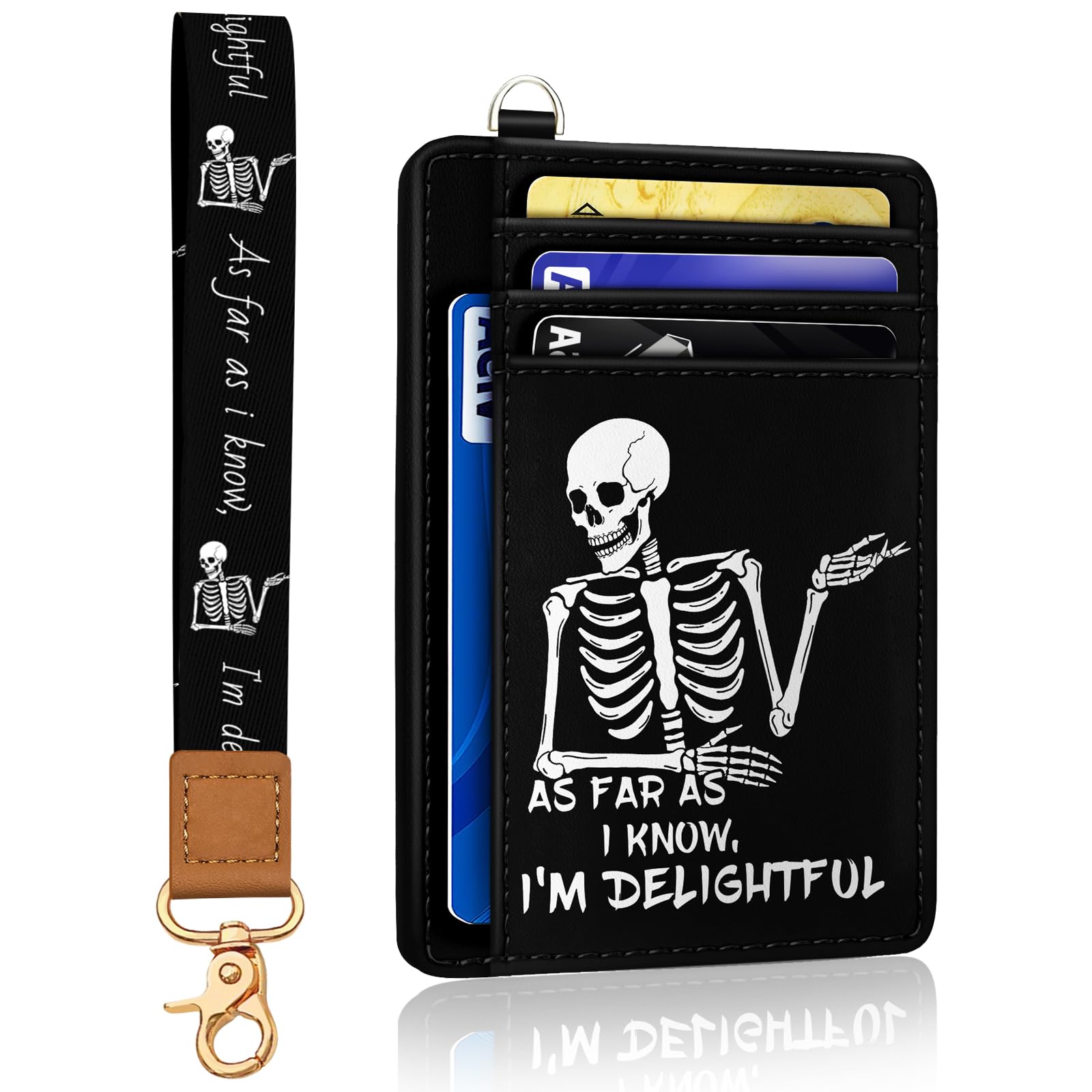 Yonlevres Skeleton Credit Card Holder Slim Wallet, RFID Wallet Women Front Pocket Wristlet Lanyard, Small Card Holder Travel Cute Thin Card Case ID