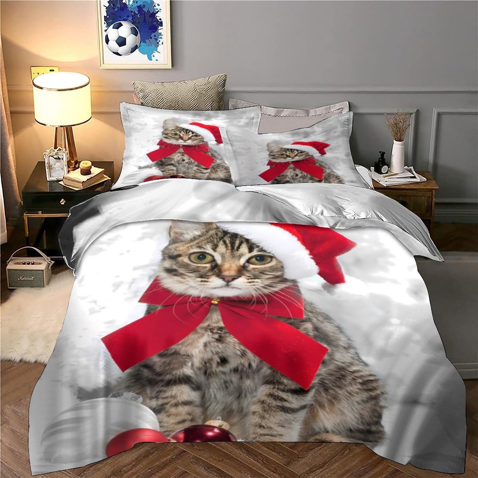 Stampa 3D Christmas cat Copertura per letto Microfibra Biancheria per letto Con federa Traspirante furry festive decor Fodera copriletto Leggero per giovani coppie coinquilini Super king（260x220cm）