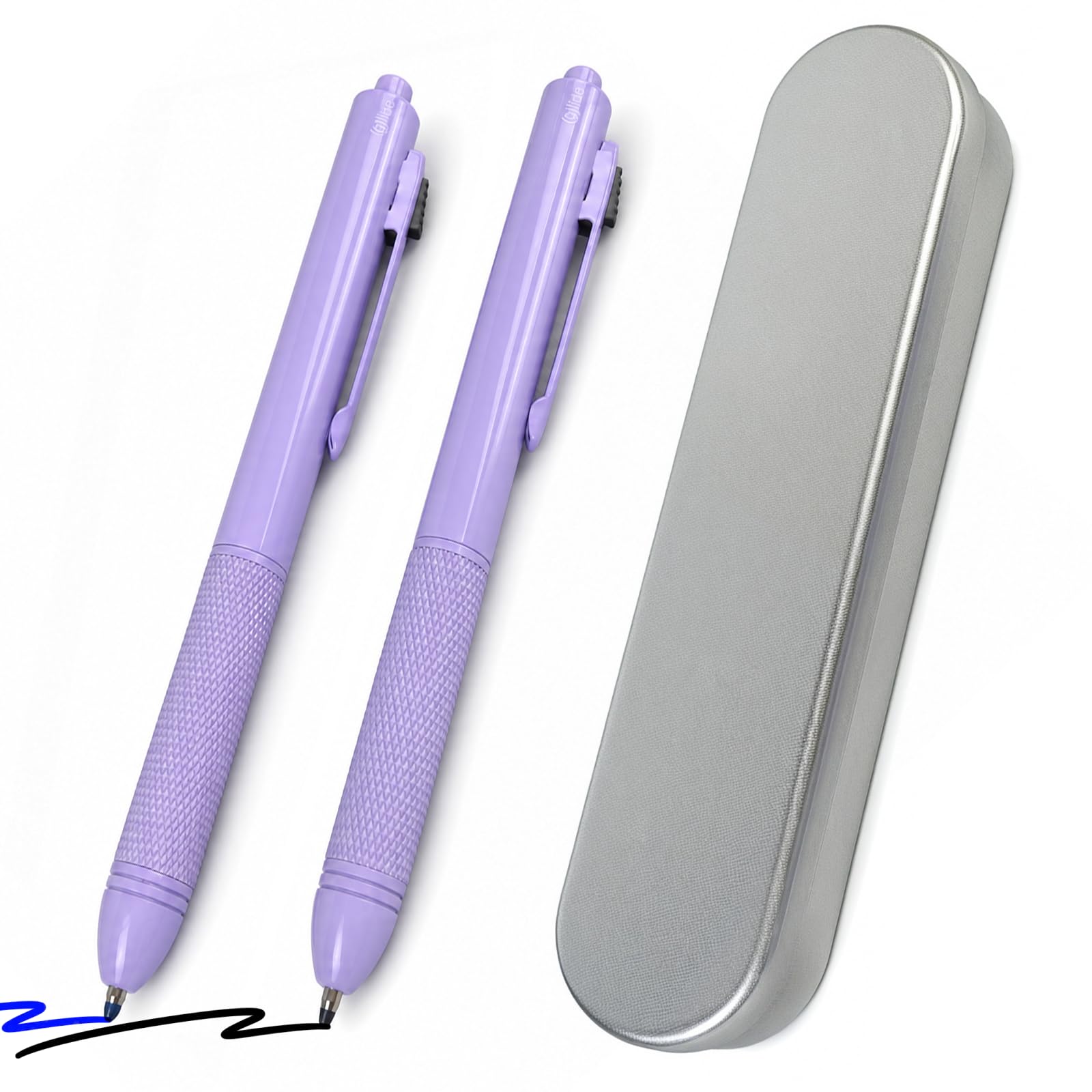 Bolígrafo Multifunción 4 en 1 de Metal Morado con Sensor de Gravedad, 4 Colores (Negro, Rojo, Azul, Lápiz), Goma de Borrar Oculta, Estuche de Metal Plateado, Regalo Ideal para Estudiantes y Oficina