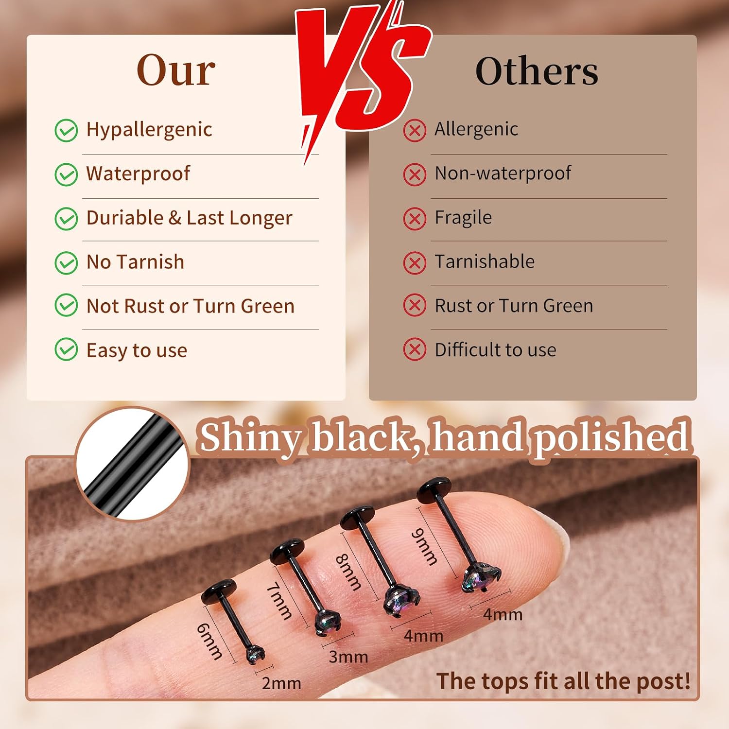 9PCS 20G Nose Studs Flat Back Earrings Stainless Steel Threadless Tragus Labret Cartilage Lip Medusa Conch Body Piercing Jewelry CZ Diameter 2 3 4mm Bar Length 6 7 8 9mm for Women Men image 3