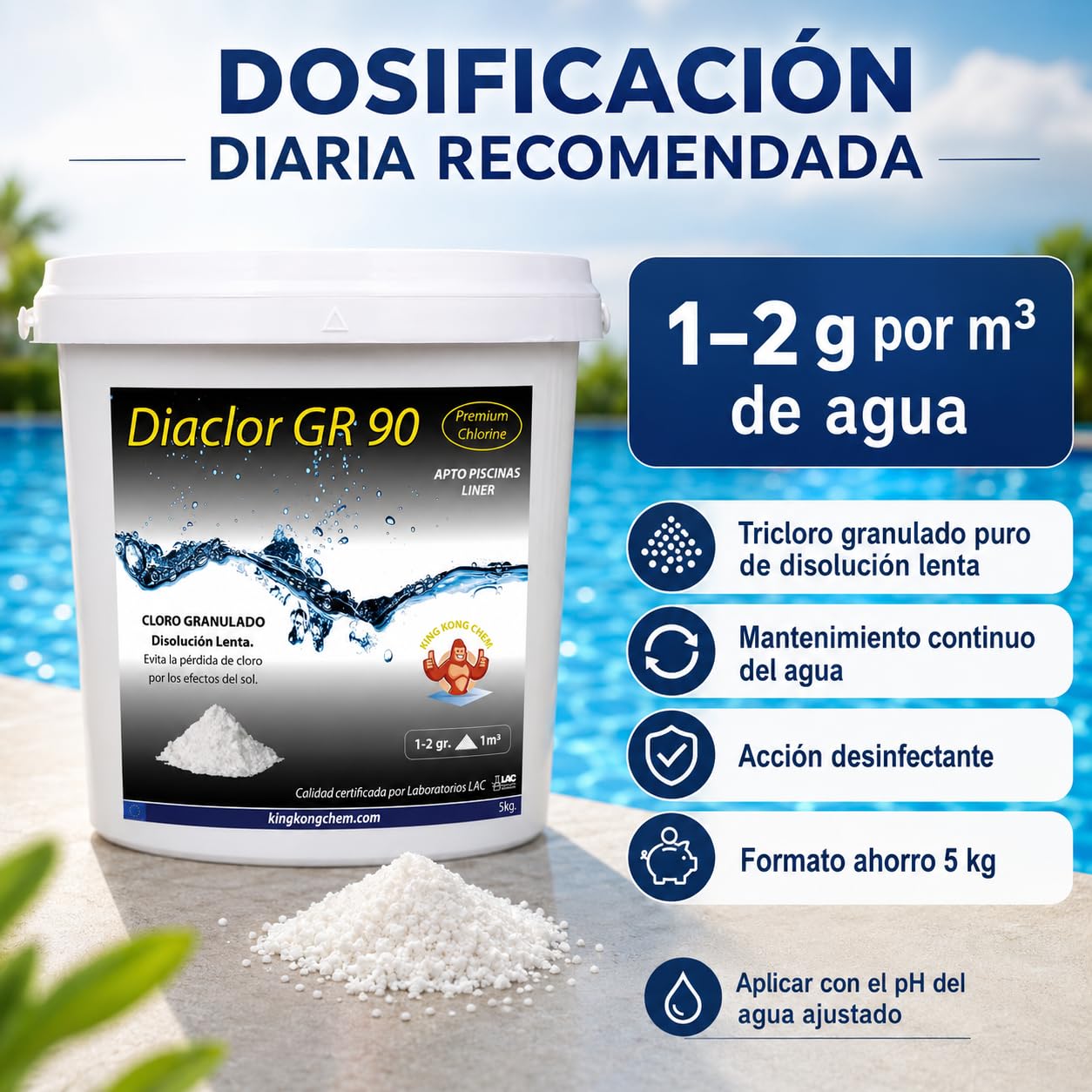 Tricloro Puro - Cloro Granulado Piscinas DIACLOR GR 90 5 KG - Disolución Lenta