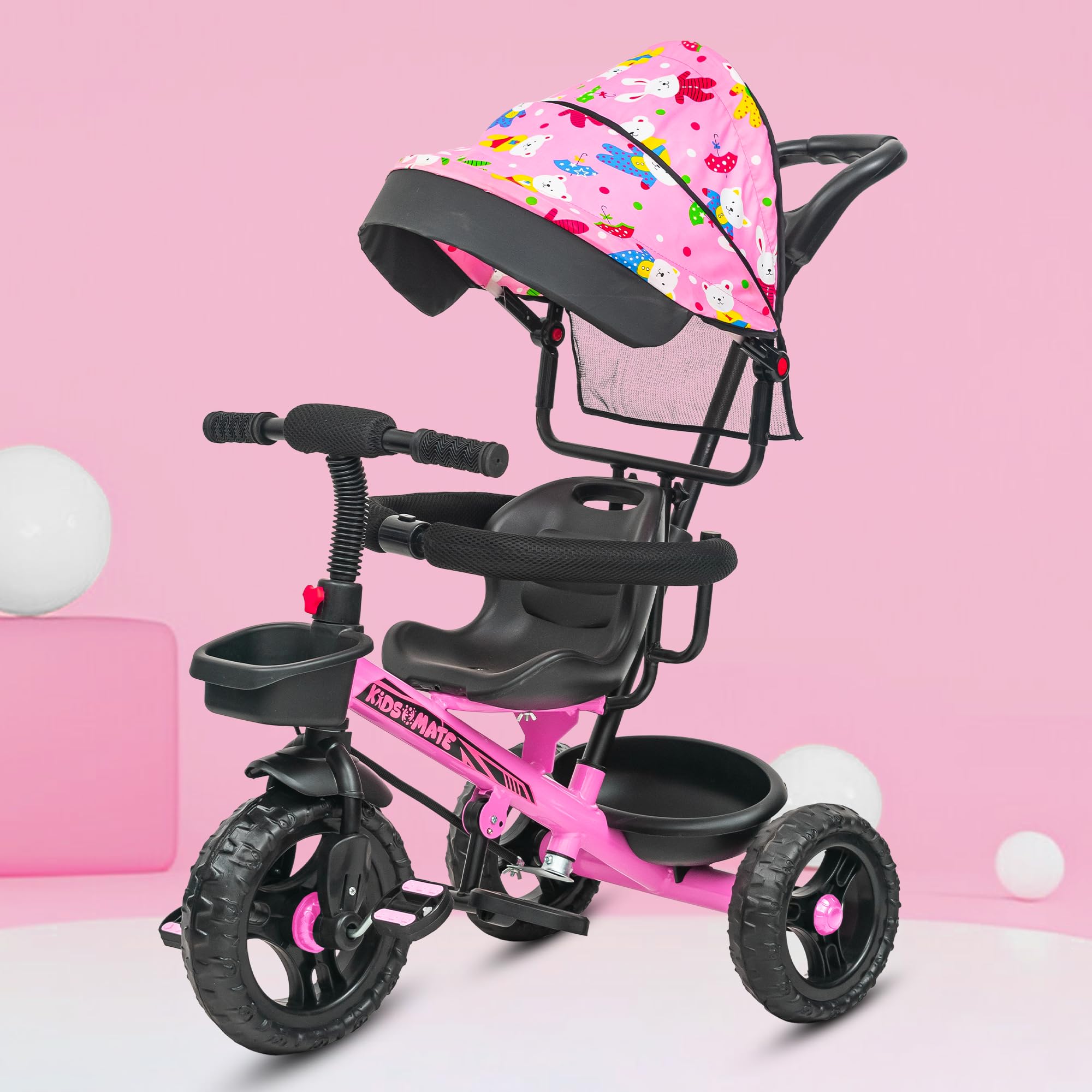 Kidsmate Deluxe 4-in-1 Tricycle for Kids with Adjustable Canopy | Durable Plug & Play Baby Trike with Safety Rail & Push Handle for Parents | Safe & Comfortable Ride for Toddlers 12-48 Months - Pink-image-25