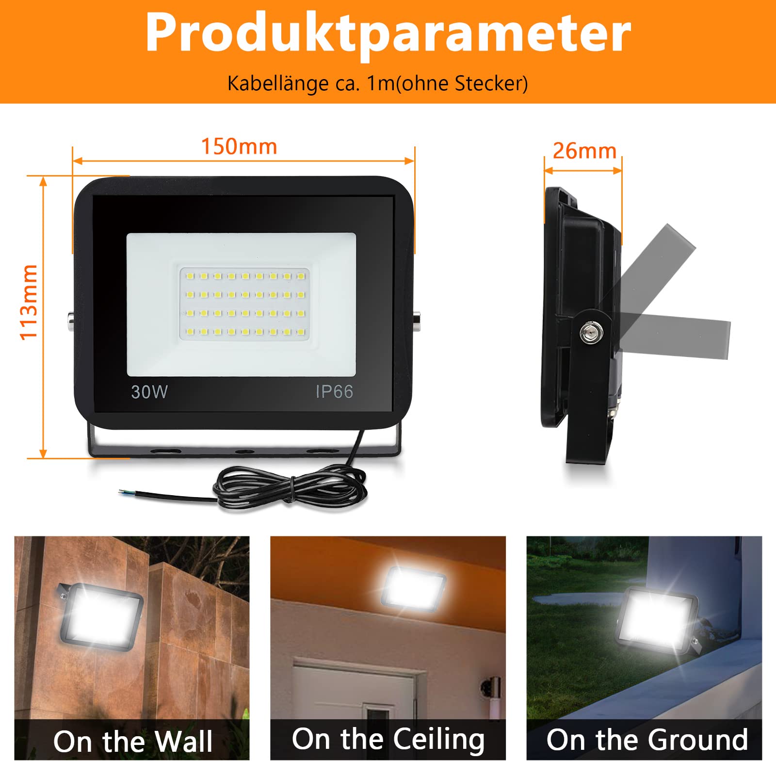 Foco LED de 30W, 2550lm, 3000K, Luz Blanca Cálida, Superbrillante Para Exteriores, Impermeable IP66, Para Jardín, Patios, Garaje, Hotel