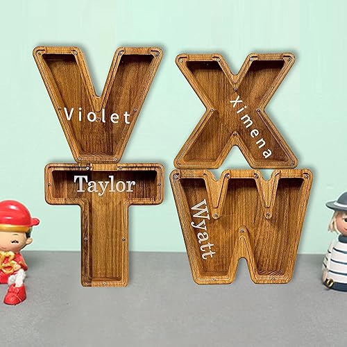 Miniatura 4 de Alcancía personalizada, alcancía de madera personalizada para niños, monedero para niñas y niños, decoración de letras del alfabeto inglés de