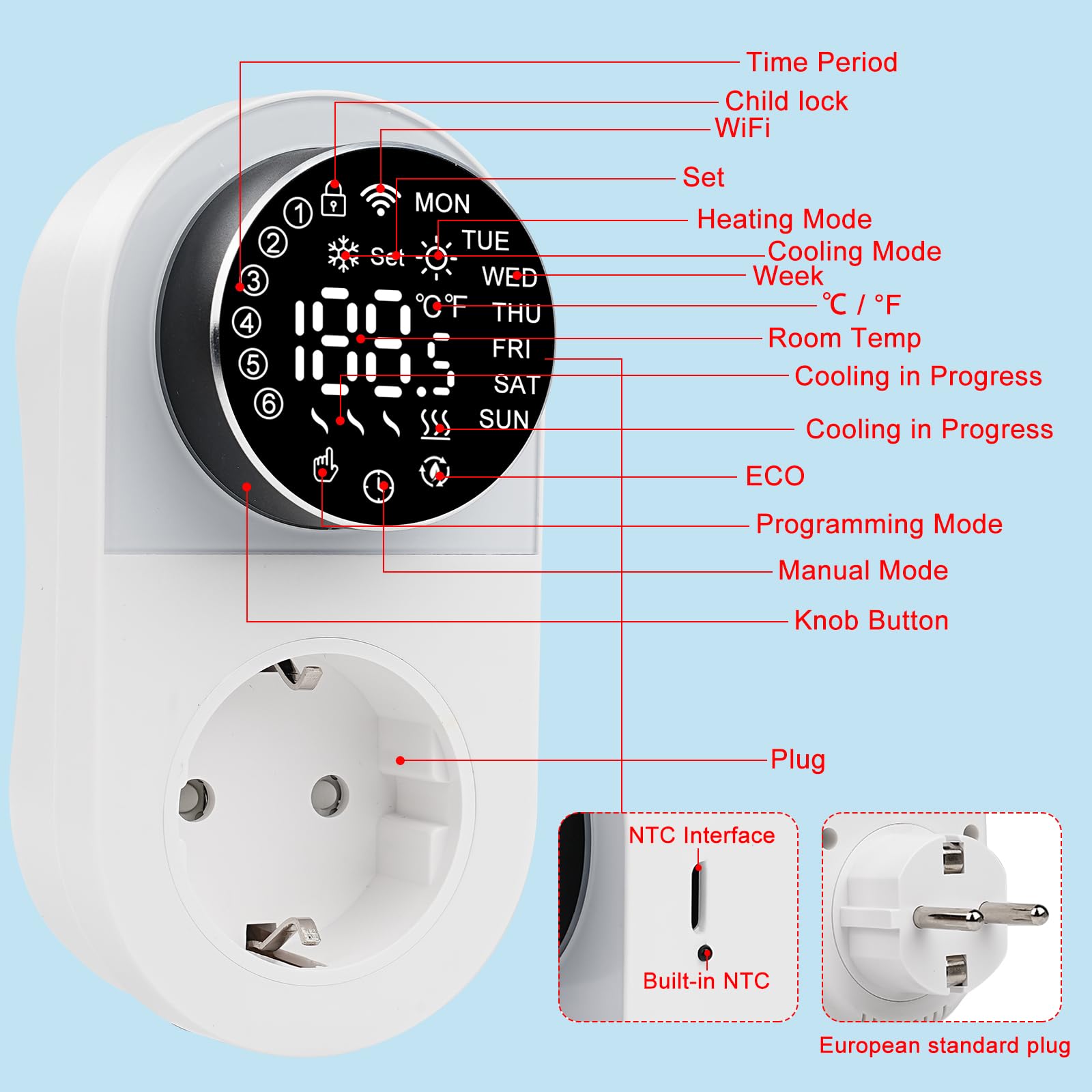Prise Thermostat connecté WiFi régulateur de température numérique Prise thermostats avec Sonde 16A 220V Écran LED Commutation du Mode de Chauffage Refroidissement pour Serre Incubateur Ventilateur
