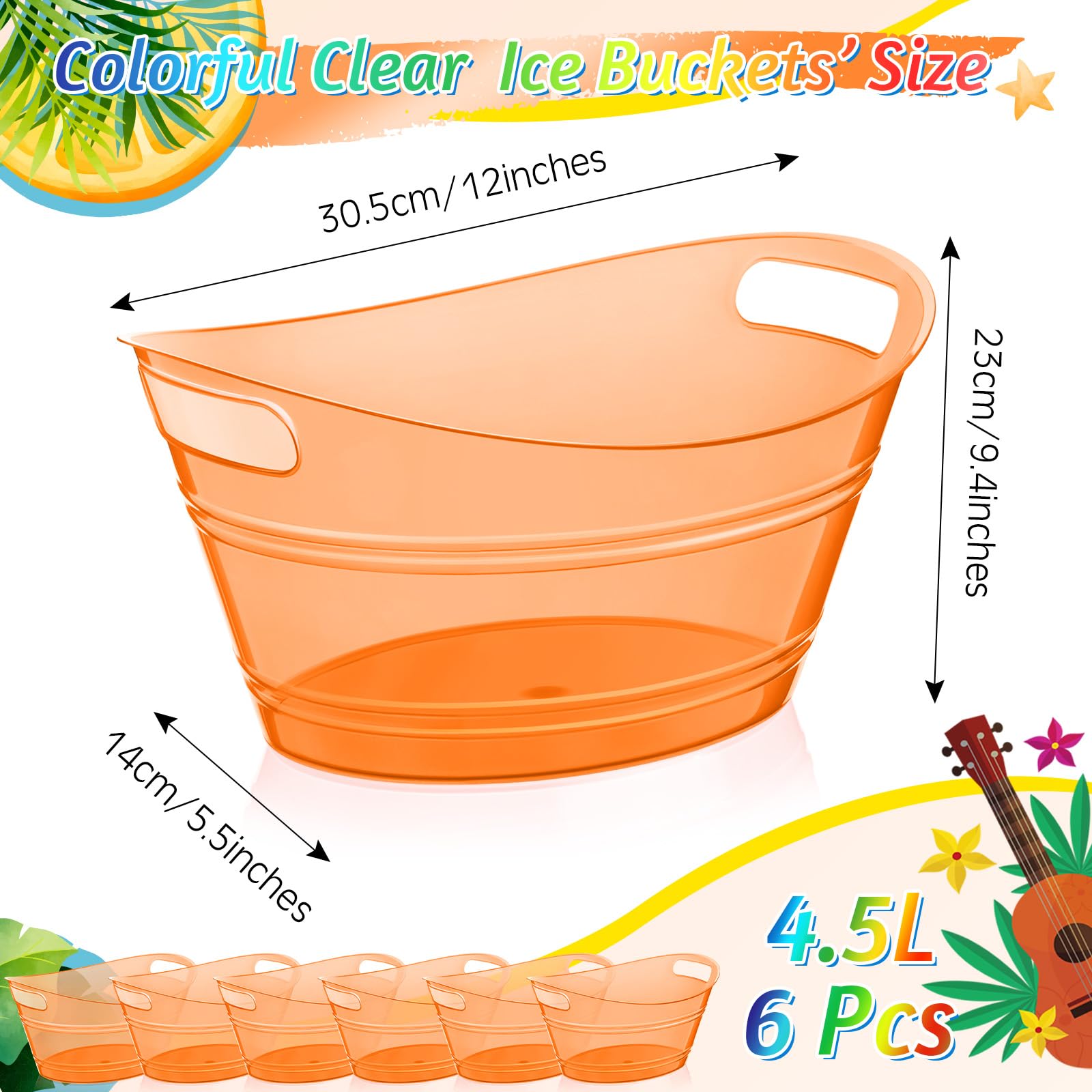 meekoo 6 secchielli per ghiaccio in plastica con manici, 4,5 l, ovale, grande capacità, per feste, bar, vino, birra, champagne, bevande, refrigeratori (arancione)