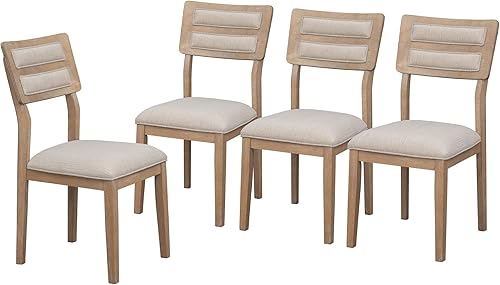 Miniatura 9 de Juego de 6 mesas de comedor clásicas rústicas de madera maciza, mesa rectangular de granja con 4 sillas acolchadas tapizadas y banco, juego de