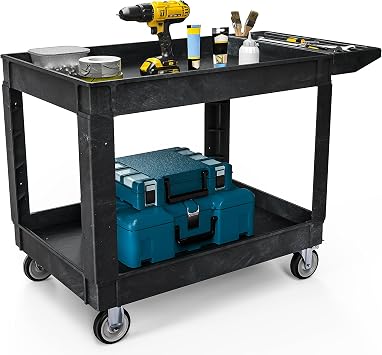 DWVO Utility Service Cart on Wheels, 550 lbs Capacity, 45 x 25 Inch Rolling Work Carts with Wheels, 2 Shelf Heavy Duty Plastic Cart Suitable for Warehouse, Garage, School & Office, Cleaning, Black | Rolling Work Carts with Wheels, 2 Shelf Heavy Duty Plastic Cart Suitable for Warehouse, Garage, School & Office, Black