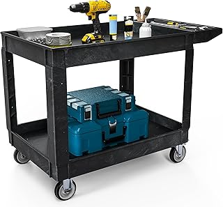 DWVO Utility Service Cart on Wheels, 550 lbs Capacity, 45 x 25 Inch Rolling Work Carts with Wheels, 2 Shelf Heavy Duty Plastic Cart Suitable for Warehouse, Garage, School & Office, Cleaning, Black