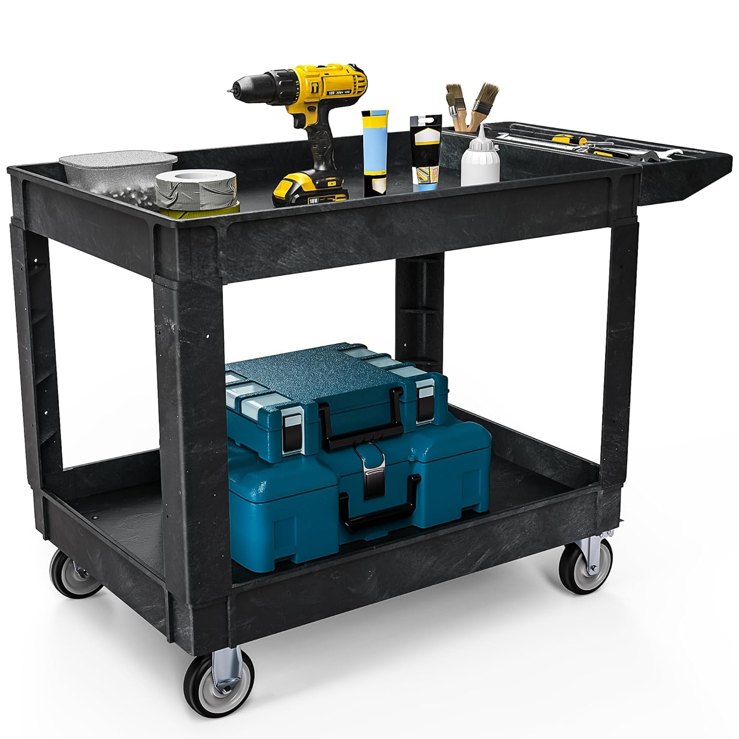 DWVO Utility Service Cart on Wheels, 550 lbs Capacity, 45 x 25 Inch Rolling Work Carts with Wheels, 2 Shelf Heavy Duty Plastic Cart Suitable for Warehouse, Garage, School & Office, Cleaning, Black