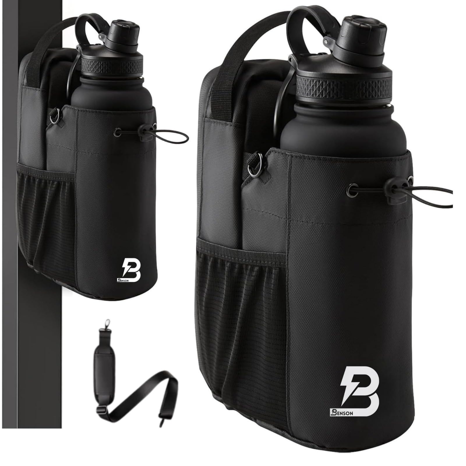 Benson - Bolsa de fitness magnética con fuerte fijación magnética, soporte para botella de 1200 ml, compartimento para teléfono móvil y mosquetón, para hombre y mujer, ideal para deportes, uso diario