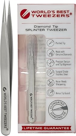 World's Best Tweezers Diamond Tip Splinter Tweezers - Diamond Coated, Professional Precision Needle Nose Pointed Tweezer for Ingrown Hair, Splinter, ...