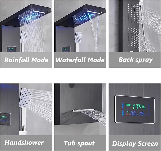Columna de Ducha con Panel Multifunción y Pantalla Digital LED, Acero Inoxidable, 5 Funciones, Negro miniatura 6