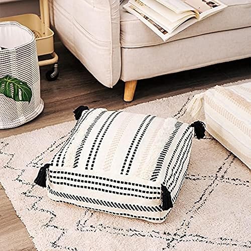 Miniatura 2 de MOCOFO Funda de puf cuadrada otomana bohemia, asiento tejido copetudo sin relleno con borlas para almacenamiento y decoración