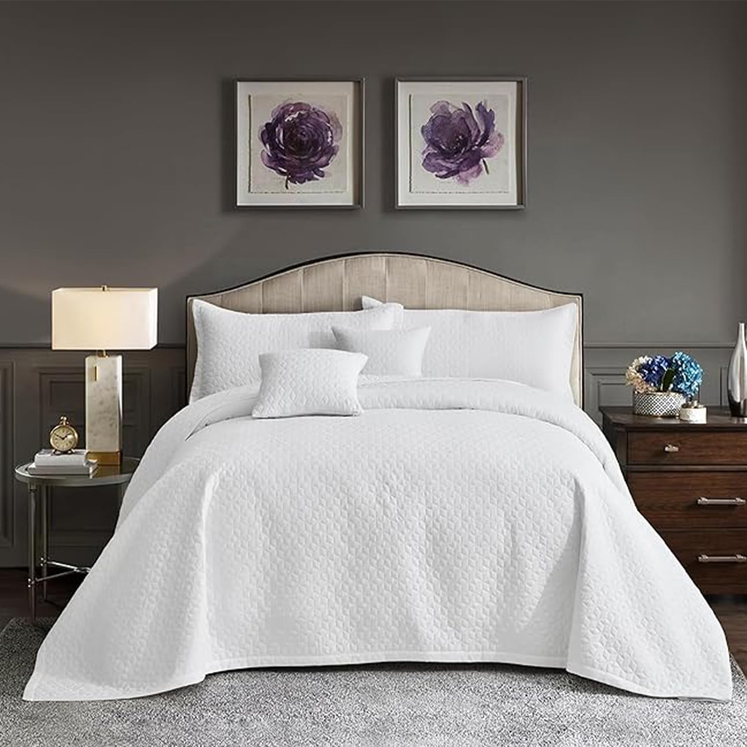 Oversized King Bedspread 128x120 Extra Wide, Modern & Contemporary Look, Lightweight Bedding Cover, Reversible, 5 Piece, 100% Microfiber, Pure White