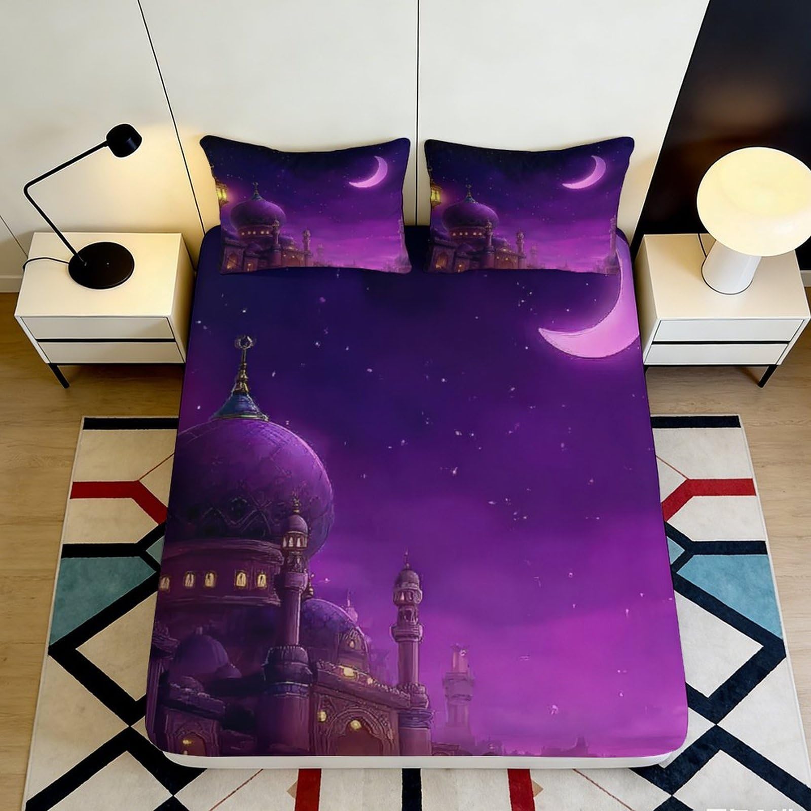 3D Printed Purple Night Sky Fitted Sheet Microfiber Soft Breathable Crescent Moon Bed Cover for Bedroom Dormitory Guest Room Mattress Protection Decor 180x200x25cm