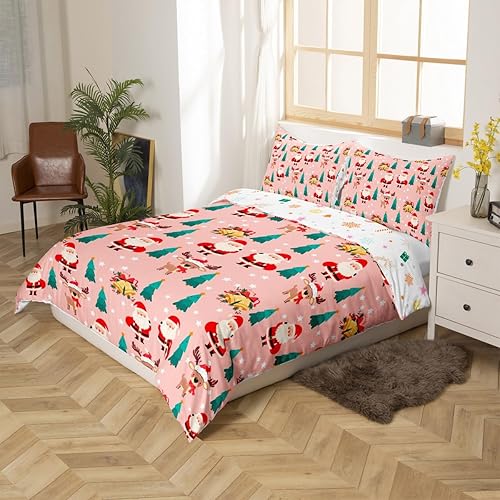 Miniatura 5 de Juego de funda de edredón rosa de Navidad, tamaño Queen, lindo juego de ropa de cama de árbol de Navidad de ciervos y Papá Noel para niños y niñas,