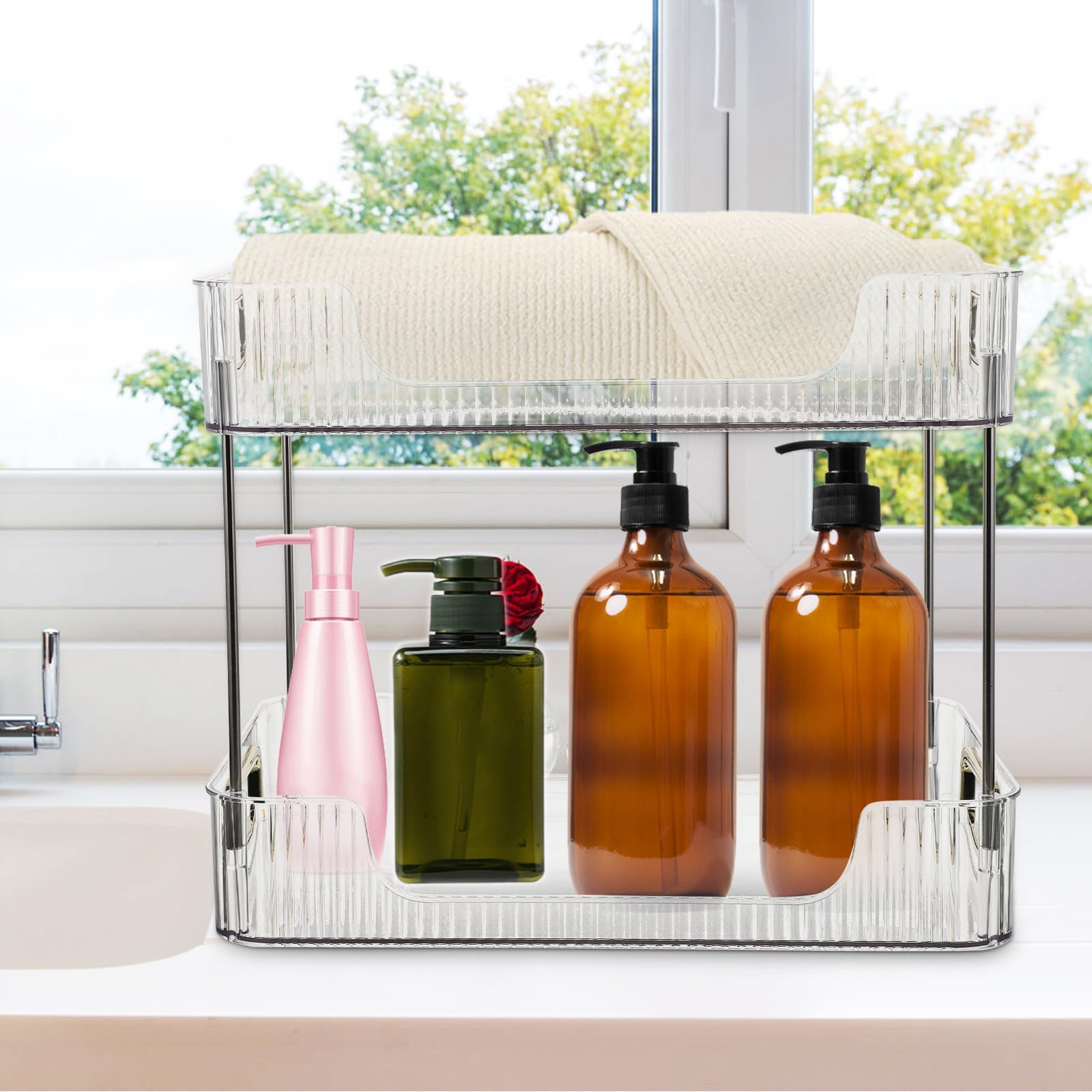 Kichvoe Organizer da Bagno da Appoggio a 2 Livelli, Scaffale Espositivo Trasparente per Cosmetici, Ripiano Doppio Salvaspazio per Articoli da Toeletta e Accessori Bagno, per Piano Lavabo