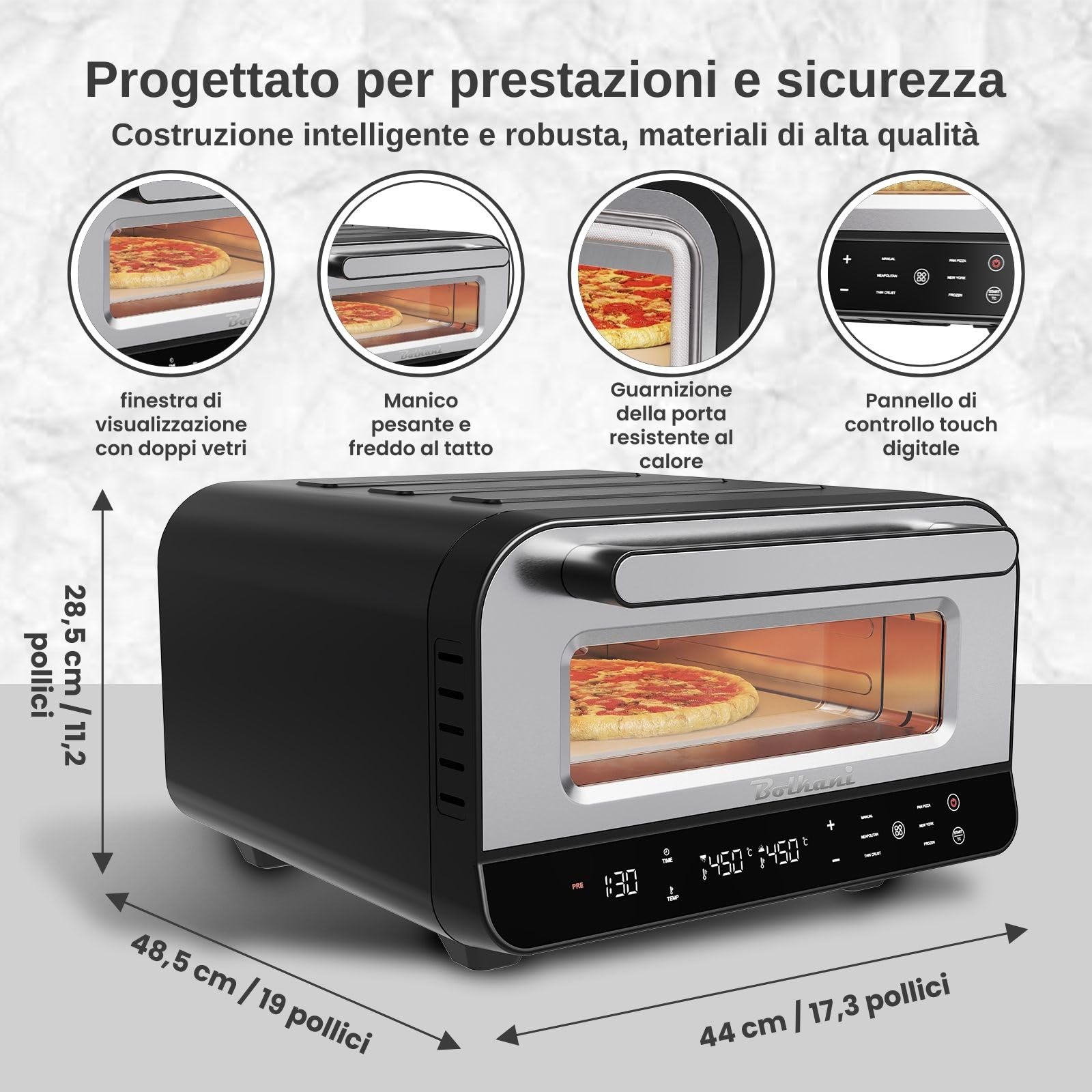 Forno elettrico per pizza – 450 °C con pietra e pala per pizza – 1700 W, timer, luce interna, finestra – Pizza croccante in 2 minuti – Macchina per pizza professionale da casa - BOLKANI (nero)