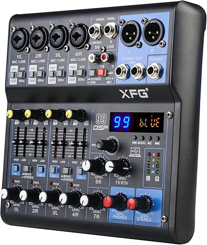 Mezclador de audio, mezclador de 8 canales para transmisión. Mezclador de sonidos profesional, interfaz de audio USB y mezclador de potencia Phantom