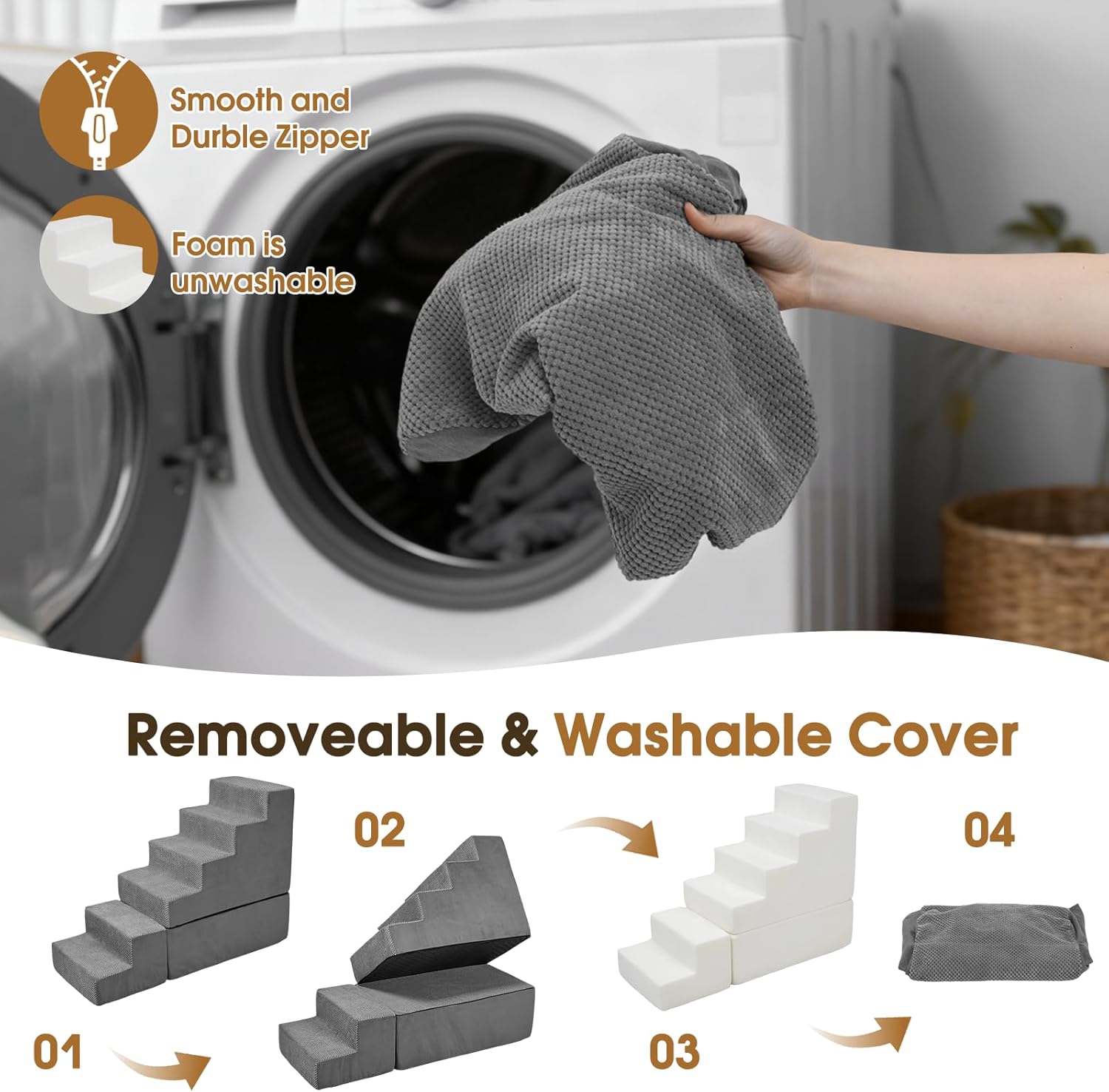 Dog Stairs for Bed 30''H Small Dogs, 6-Step Sturdy Foam Dog Steps for High Bed, Pet Stairs for Older Dogs/Cats/Puppy, Non-Slip Curved Pet Ramp Indoor, Removable Washable Cover, Grey