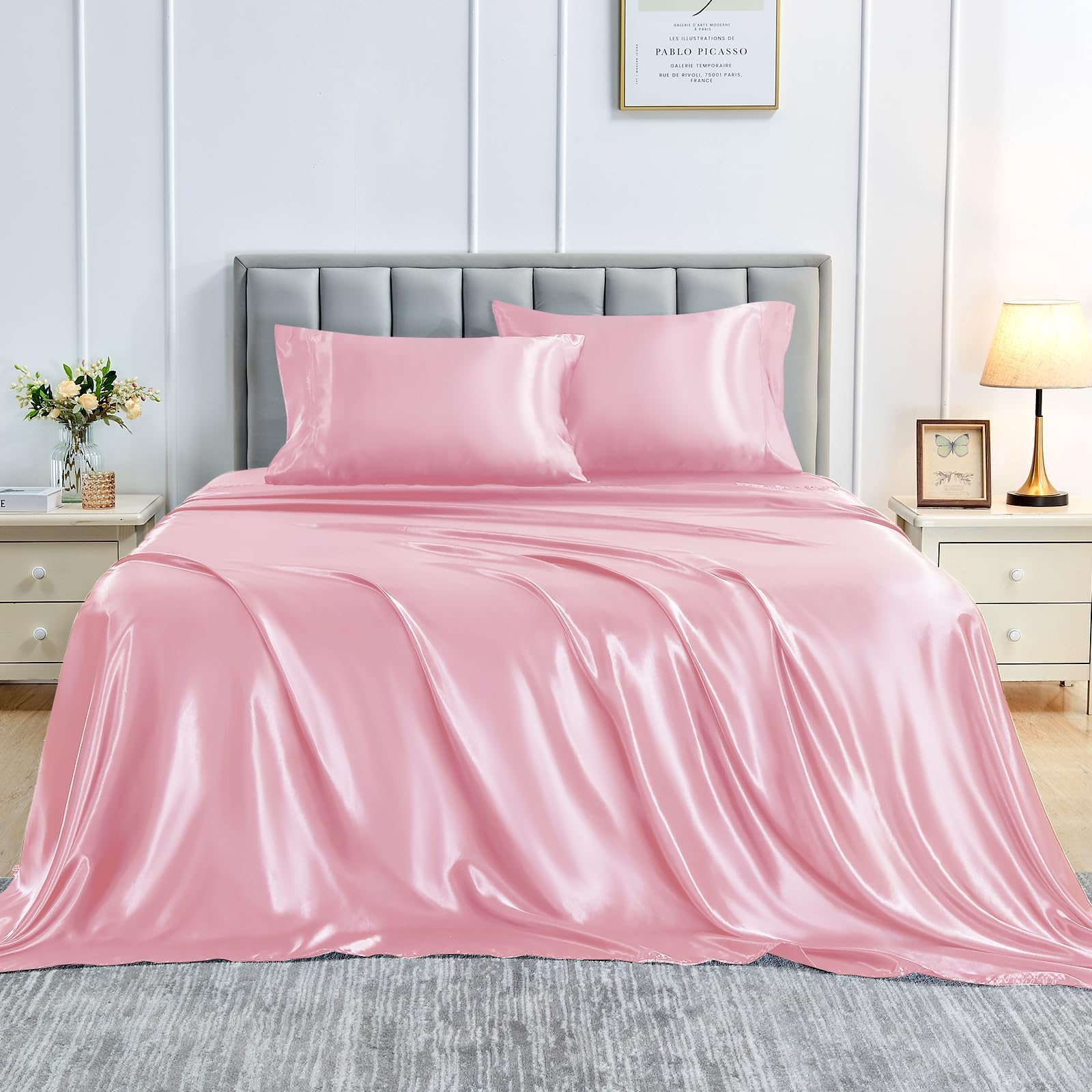 Sasttie Juego de sábanas de satén tamaño Queen, juego de sábanas de satén rosa, suave y ultrasuave, sedoso, con 2 fundas de almohada, color rosa