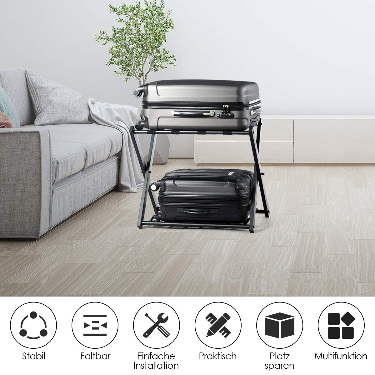 GYMAX Estante Plegable para Maletero, Portaequipajes Doble Capa, con 4 Correas Estables y Diseño de 2 Pisos, Estante de Equipaje Soporta hasta 60 kg, para Habitación de Huéspedes y Hotel (Negro, 2)