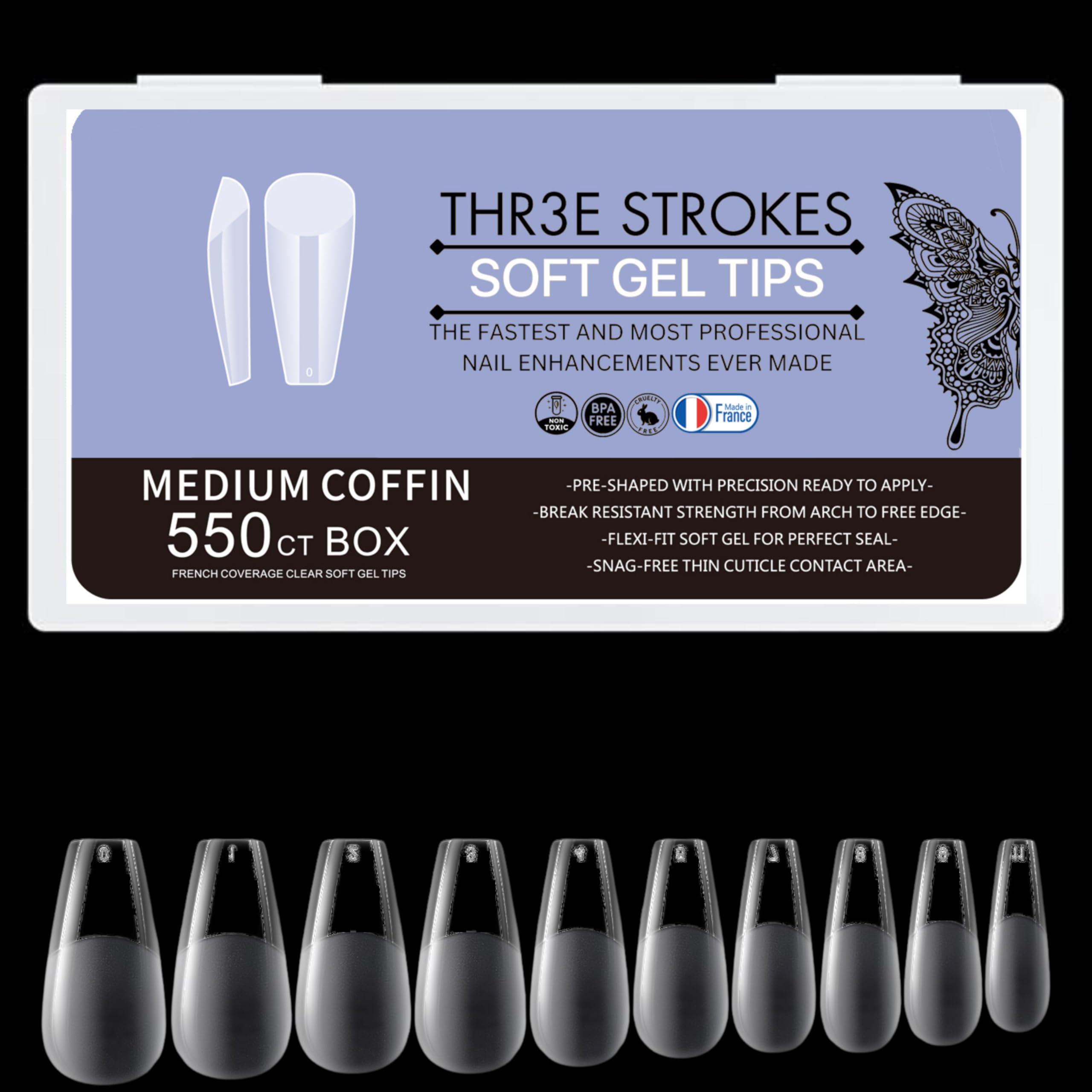 THR3E STROKES Soft Gel NailTips, Full Cover Clear Soft NailTips for Artificial False Nails Extension Nail Salons DIY NailArt with Box, 550PCS (MEDIUM COFFIN P3)
