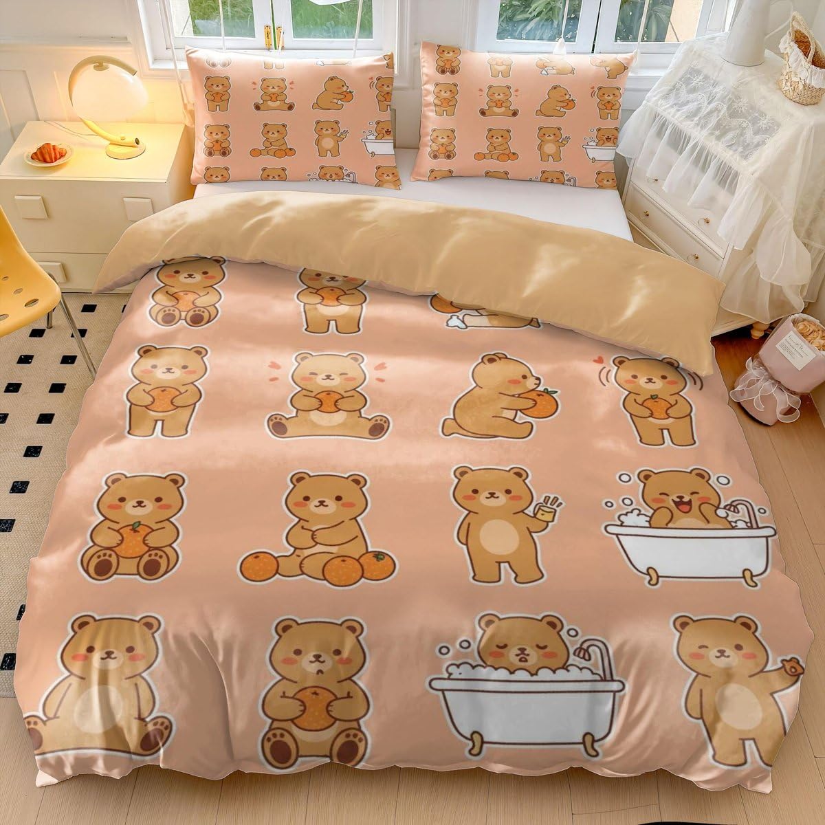 Juego de funda de edredón con diseño de oso kawaii, ropa de cama de matrimonio, color marrón y naranja, ropa de cama suave con fundas de almohada (05, tamaño King 240 x 220 cm + 65 x 65 cm x 2)