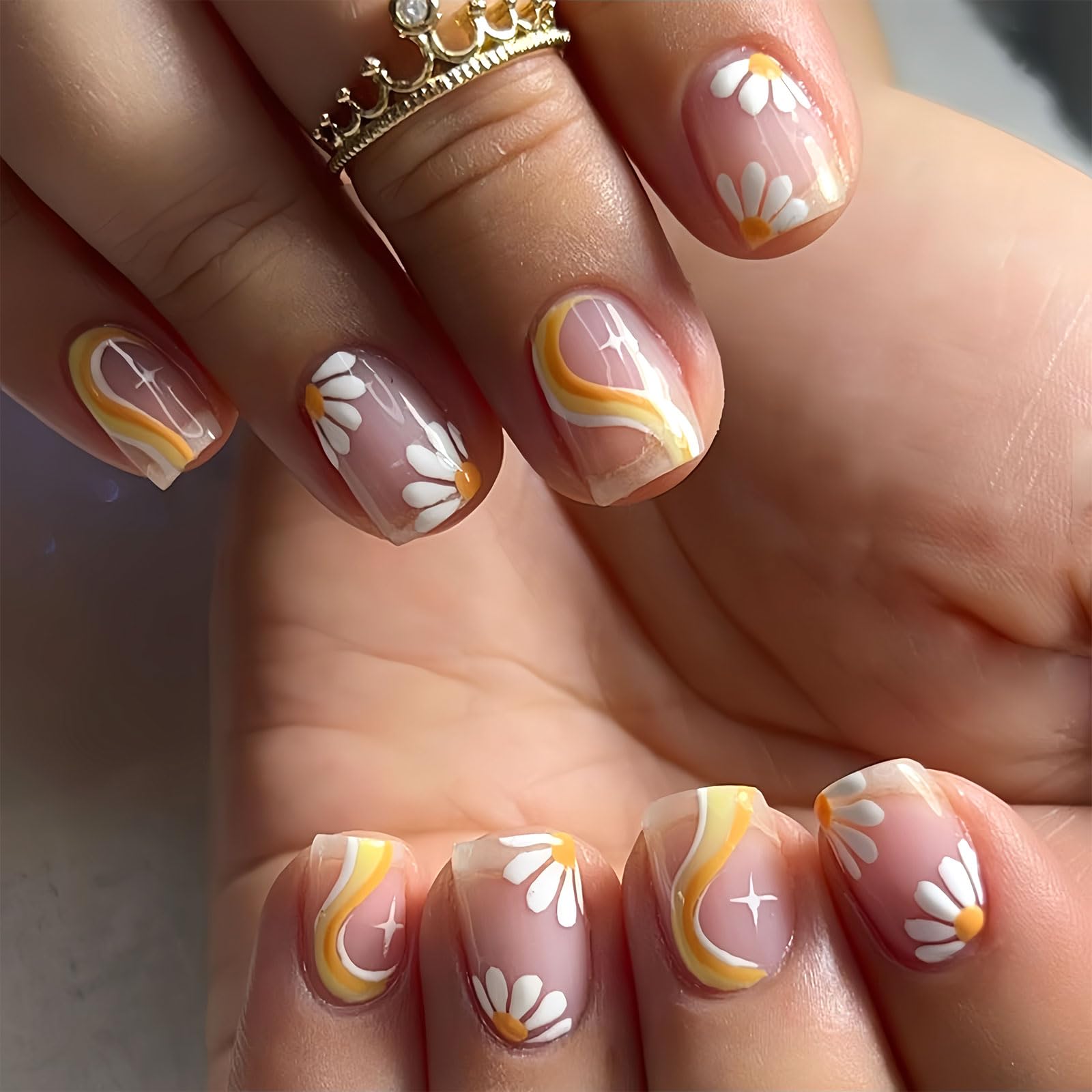 BFY Flower Press on Nails Short Square White Daisy Fake Nails, Yellow White Flowers Stripe Acrylic Nails Tip, Nude Glossy Gel Manicure Stick on Nails