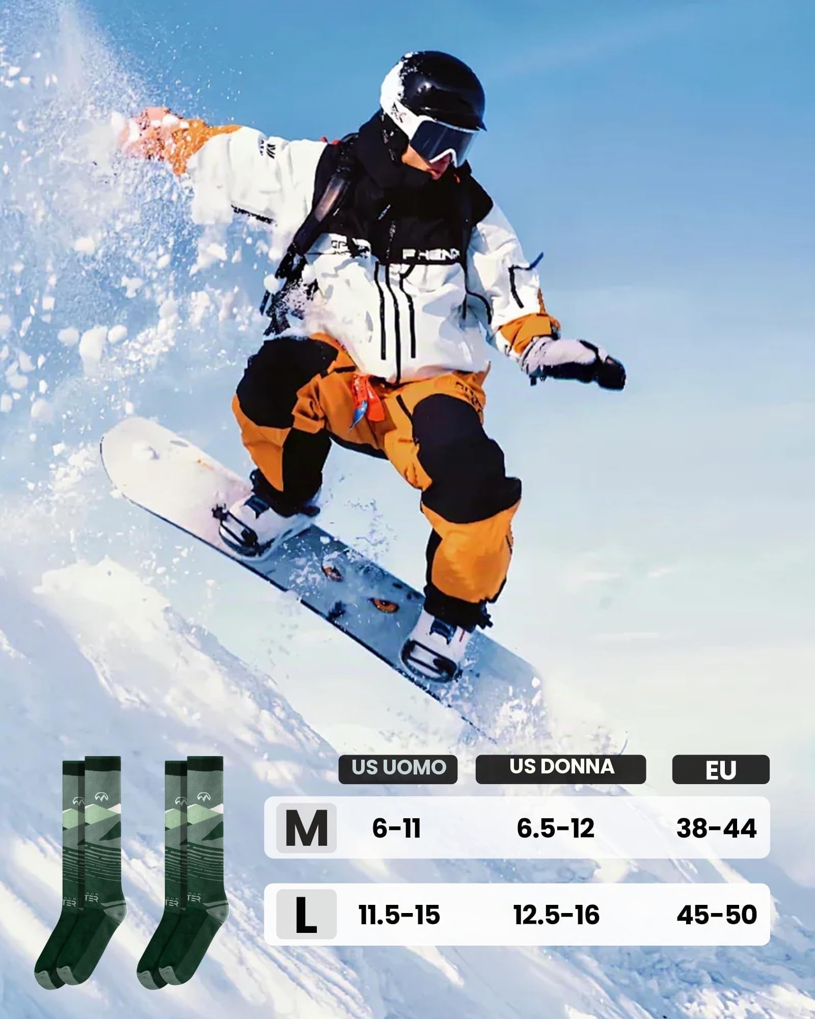 OutdoorMaster 2 Paia Calze da Sci per Uomo, Calze Termiche Invernali da Snowboard Traspiranti Termico per Sport All'aria aperta con Sopra il Polpaccio Design/Polsini Antiscivolo