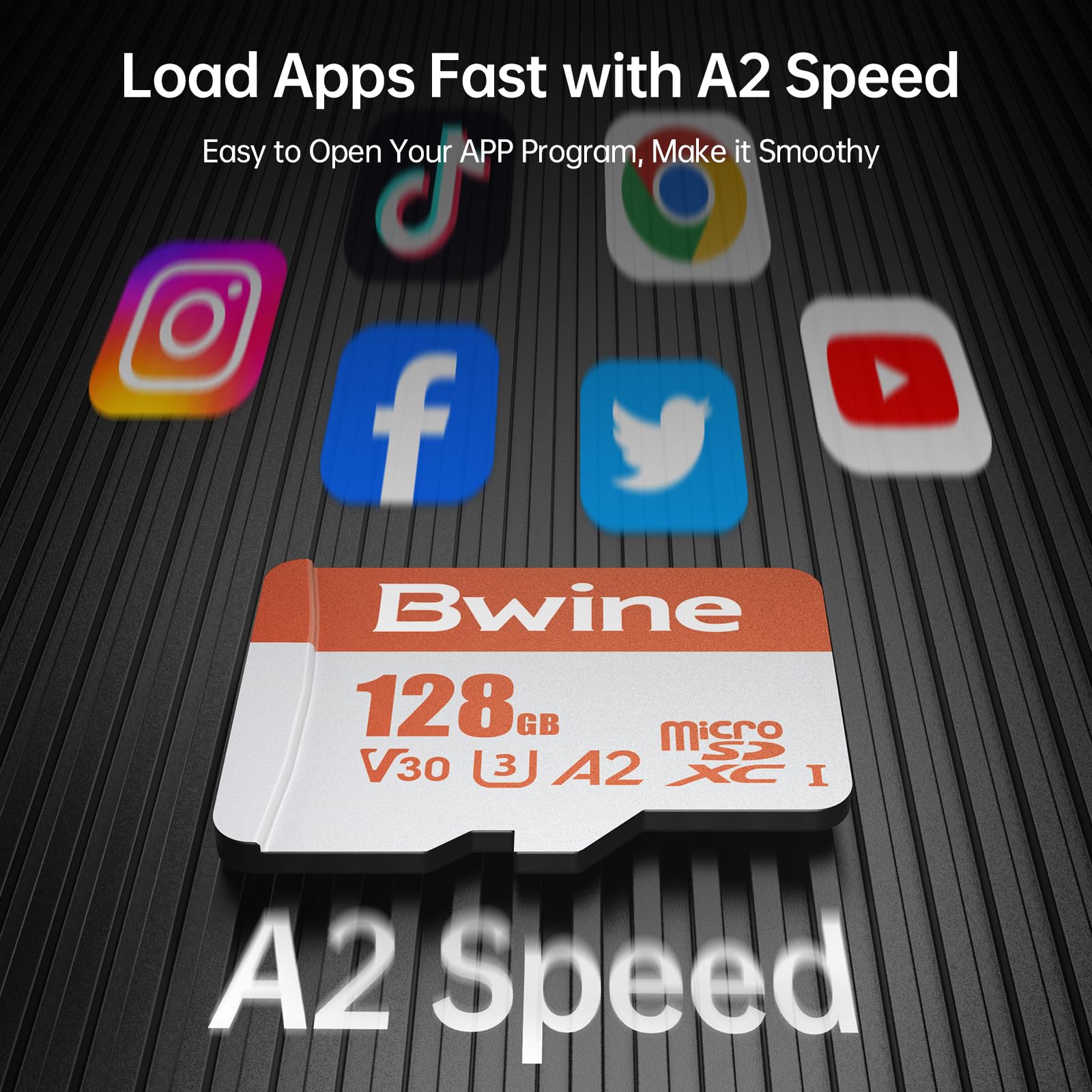 Bwine Carte Micro SD 128 Go, vitesse de lecture jusqu'à 100 Mo/s, support vidéo 4K UHD, compatible avec appareil photo numérique, drone, commutateur, avec 1 lecteur et adaptateur, orange
