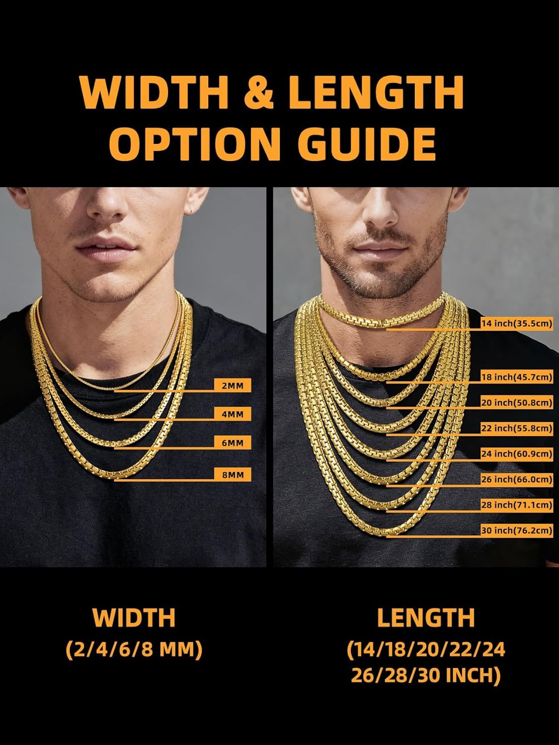 Bestyle 18K Gold Plated/Silver/Black Chain for Men, Hypoallergenic 2/4/6/8mm Stainless Steel Flat Link Chain Necklace for Men & Women Hip Hop Jewelry, 14-30"