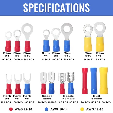 Qibaok - 1500 insulated electrical wire connectors - Ring, stop, spade, fork connector - Copper - Red, Blue, Yellow