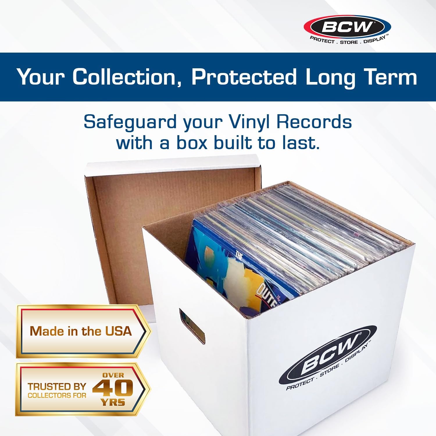 BCW Vinyl Record Storage Boxes – 10 Pack | Holds 65 LPs Each | Stackable Vinyl Record Storage Box with Reinforced Bottom & Handles | Archival Record Organizer for 12-Inch Albums, DJs & Collectors
