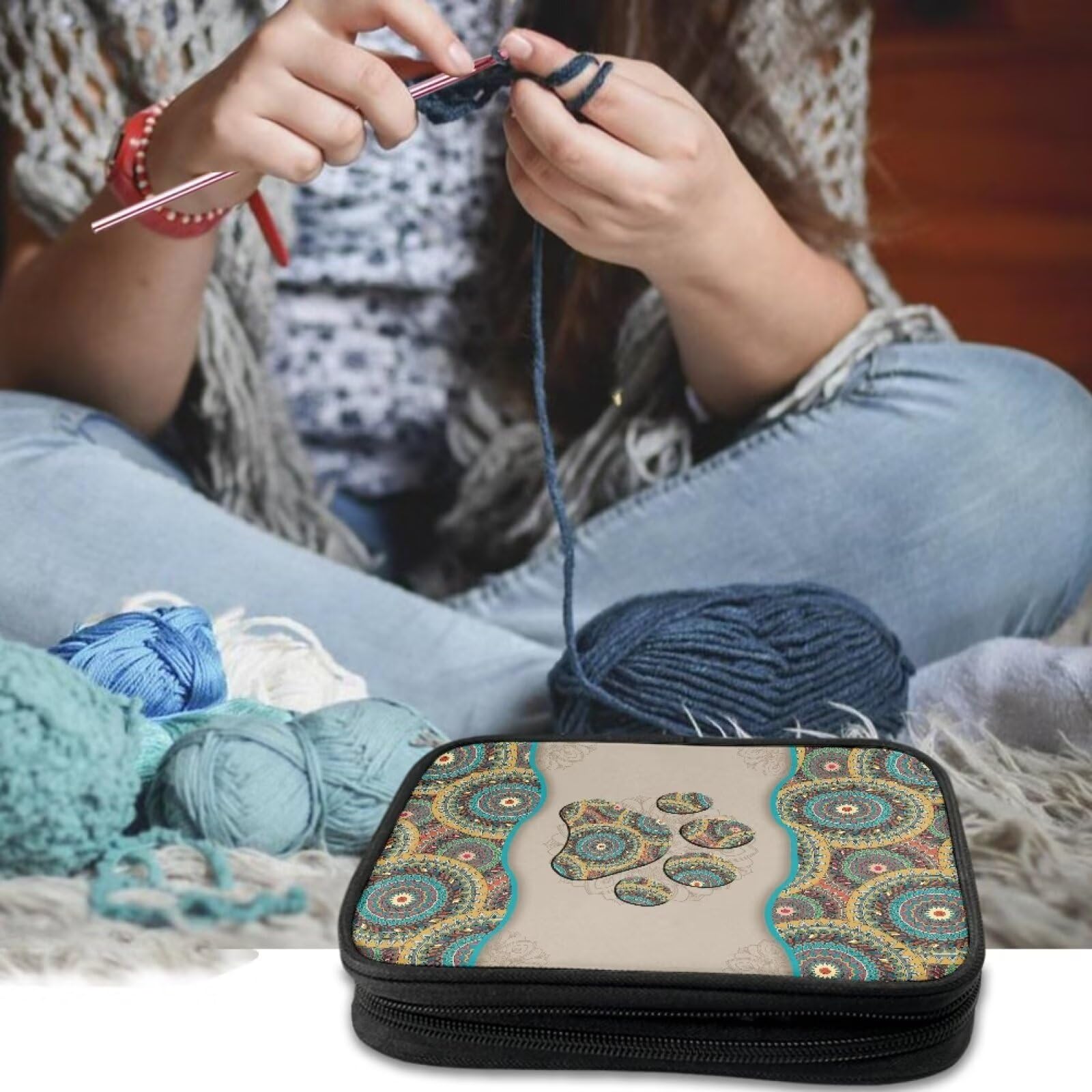 Hinthetall Footprints Crochet Hook Case Empty Pretty Knitting Needle Organizer with Well Made Easy to Carry Knitting Needle Bag for Knitting Needles and Other Accessories