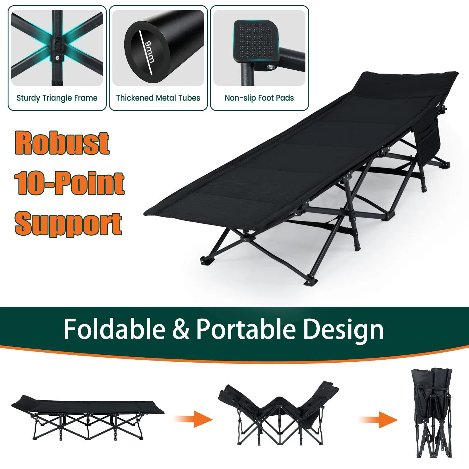 KOMFOTTEU Letto da campeggio con borsa portaoggetti, letto da campo pieghevole con borsa laterale, letto esterno per 1 persona poggiatesta inclinato, carico di 180 kg, per viaggio, campeggio, 189 x 69
