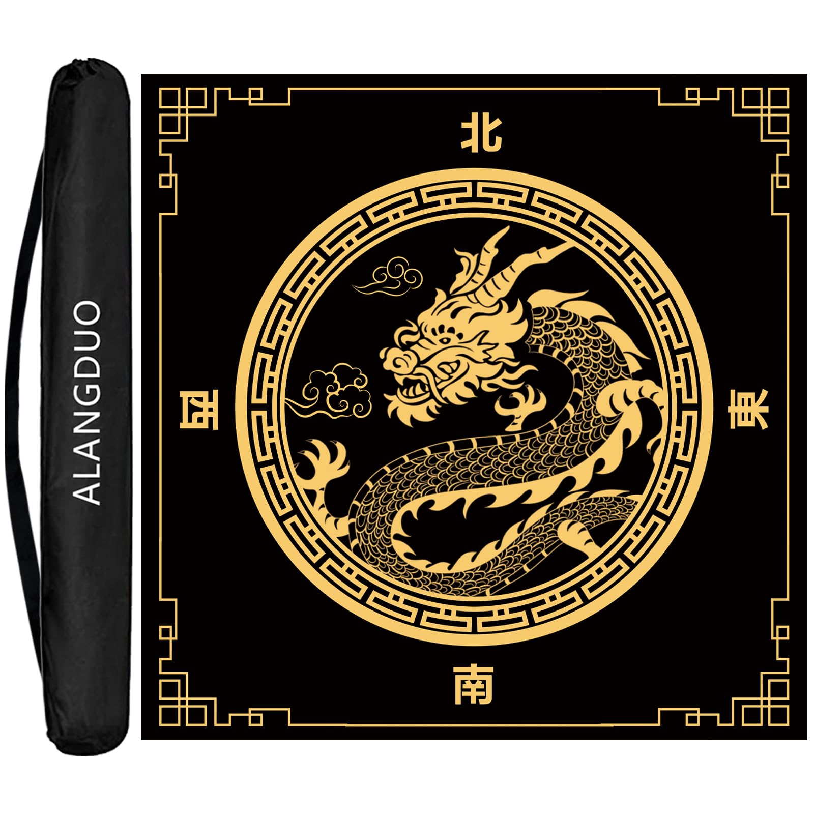 ALANGDUO Large Mahjong Mat with Black Carrying Bag, Anti Slip and Noise Reduction Table Cover for Mahjong, Poker, Card, Dominoes, Board Games, Slip Resistant Mat (34.6 X 34.6 Inches Dragon-Black)