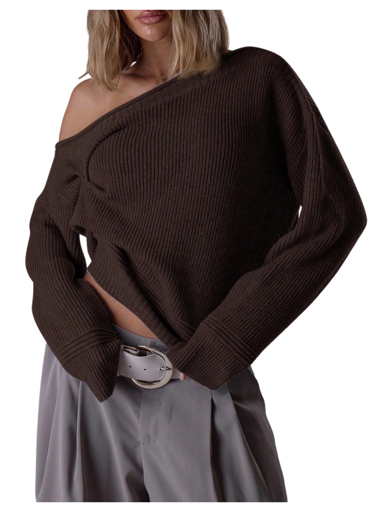 SOLY HUX Womens Off The Shoulder Cropped Sweater Ruched Asymmetrical Long Sleeve Knit Going Out Tops