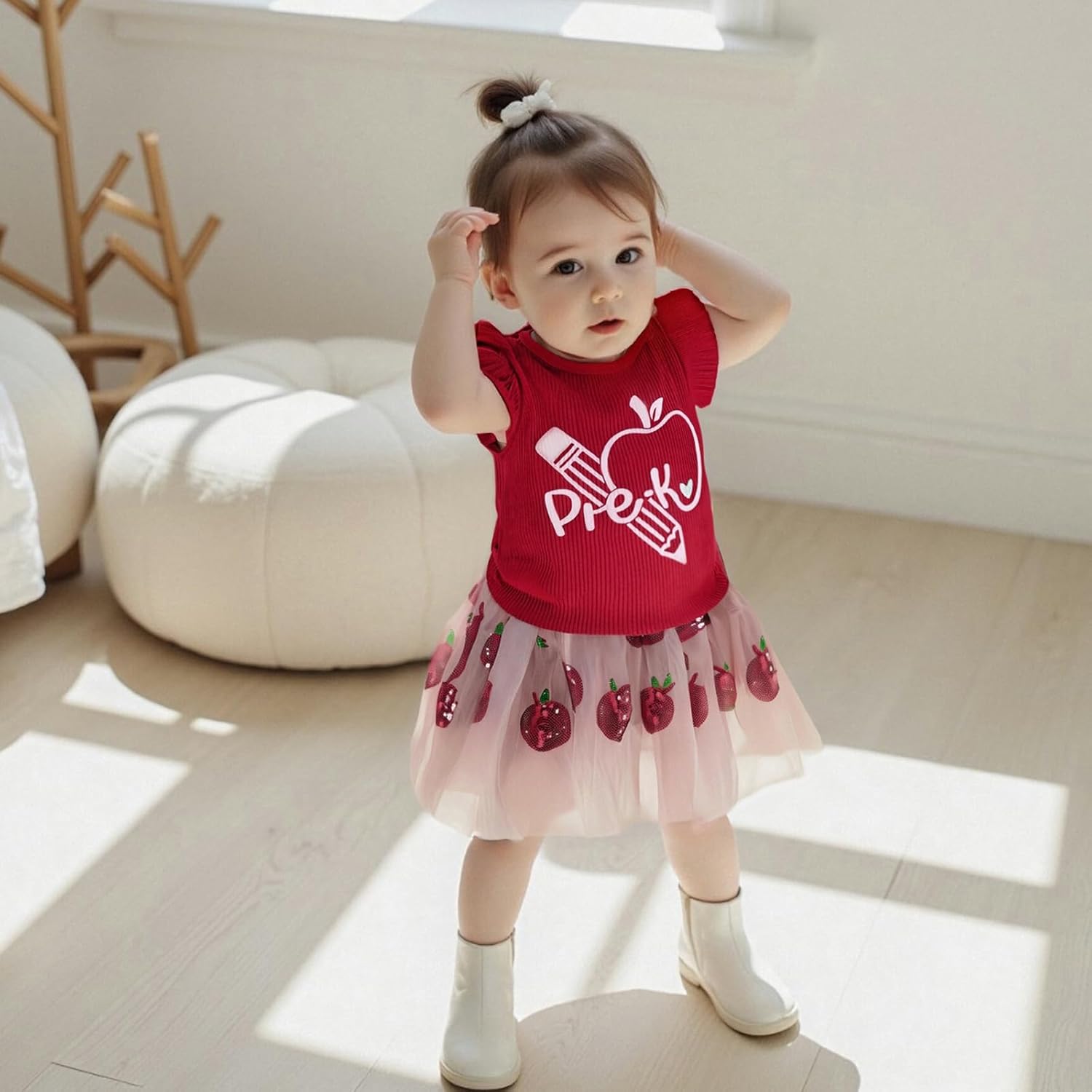 Toddler Baby Girl First Day of School Outfits Ruffle Apple Kindergarten Ribbed Knit Shirt + Tulle Tutu Skirt Set - Image 2