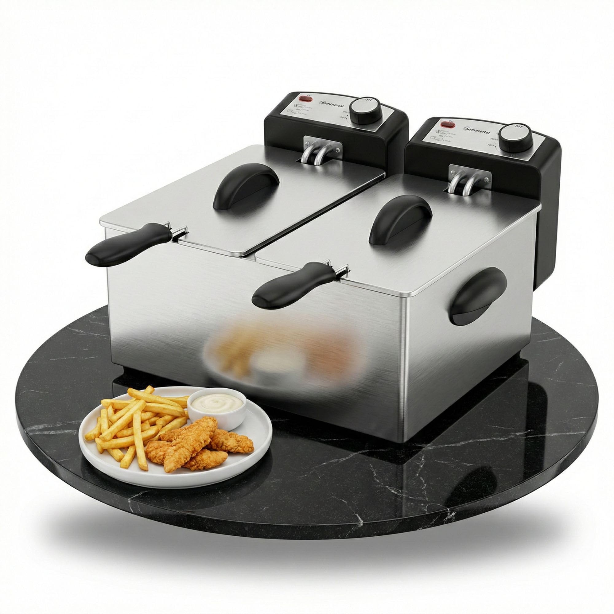 Sommertal DF3600 Doppel Fritteuse mit Öl 2x 3L 3600 Watt | Edelstahl Fritteuse mit 2 getrennten Heizkreisen | Fritteuse mit Fett 130–190°C | Deep Fryer für Pommes