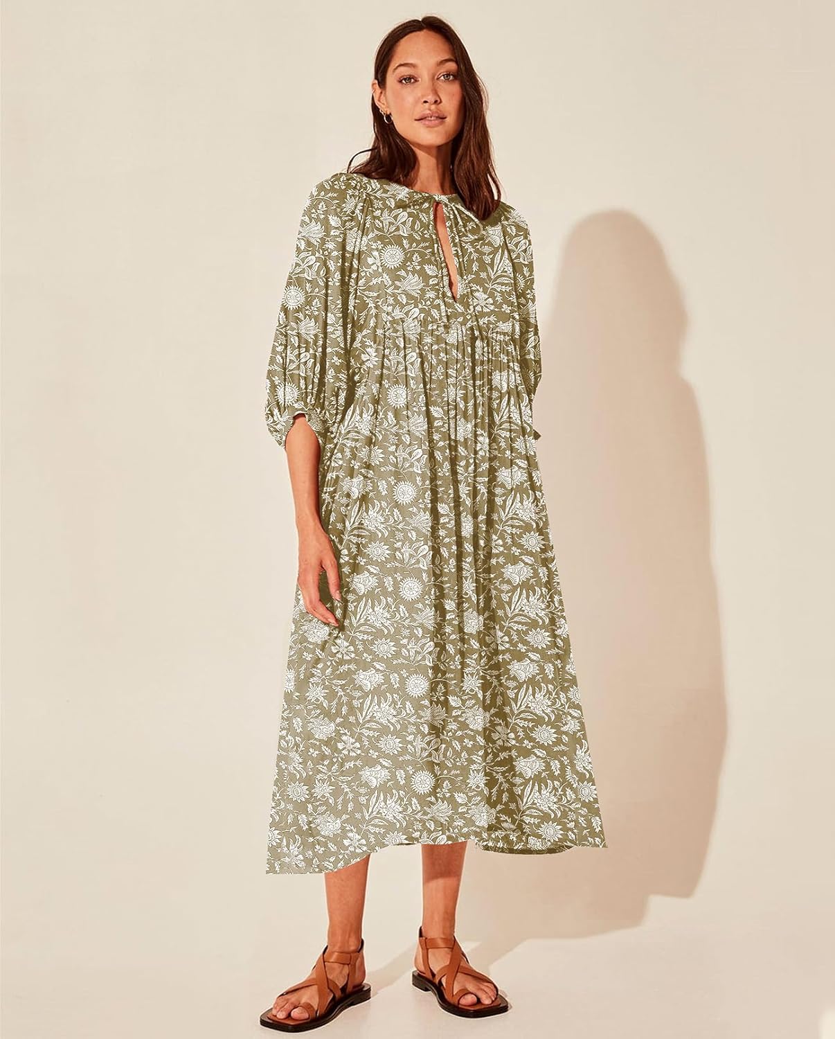 Casual Summer Dresses for Women Swing Floral Half Open Collar Boho Puff Sleeve Loose Midi Beach Dress - Image 5